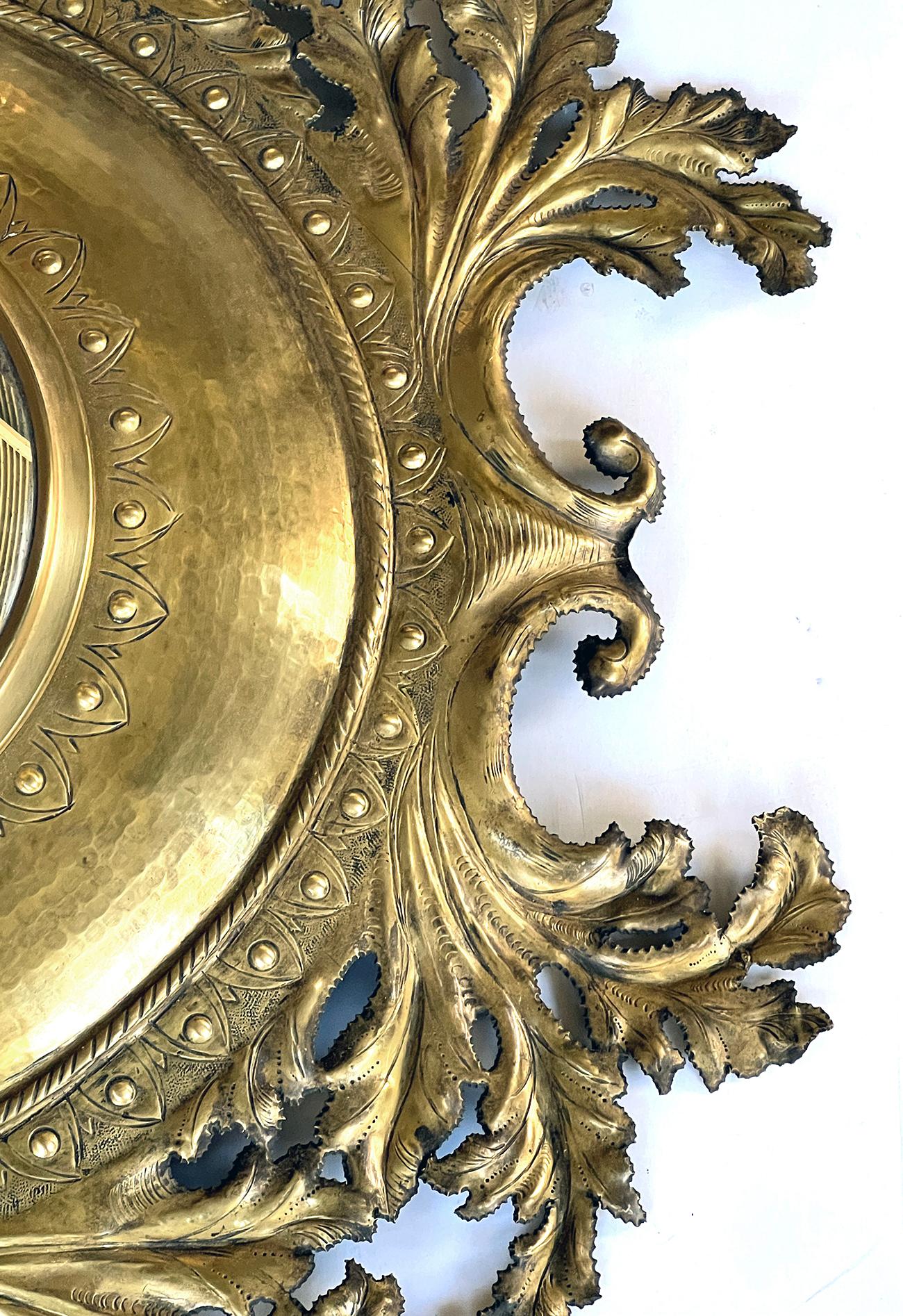 Early 20th Century French Rococo Revival Repoussé and Cut Brass Foliate Convex Mirror For Sale