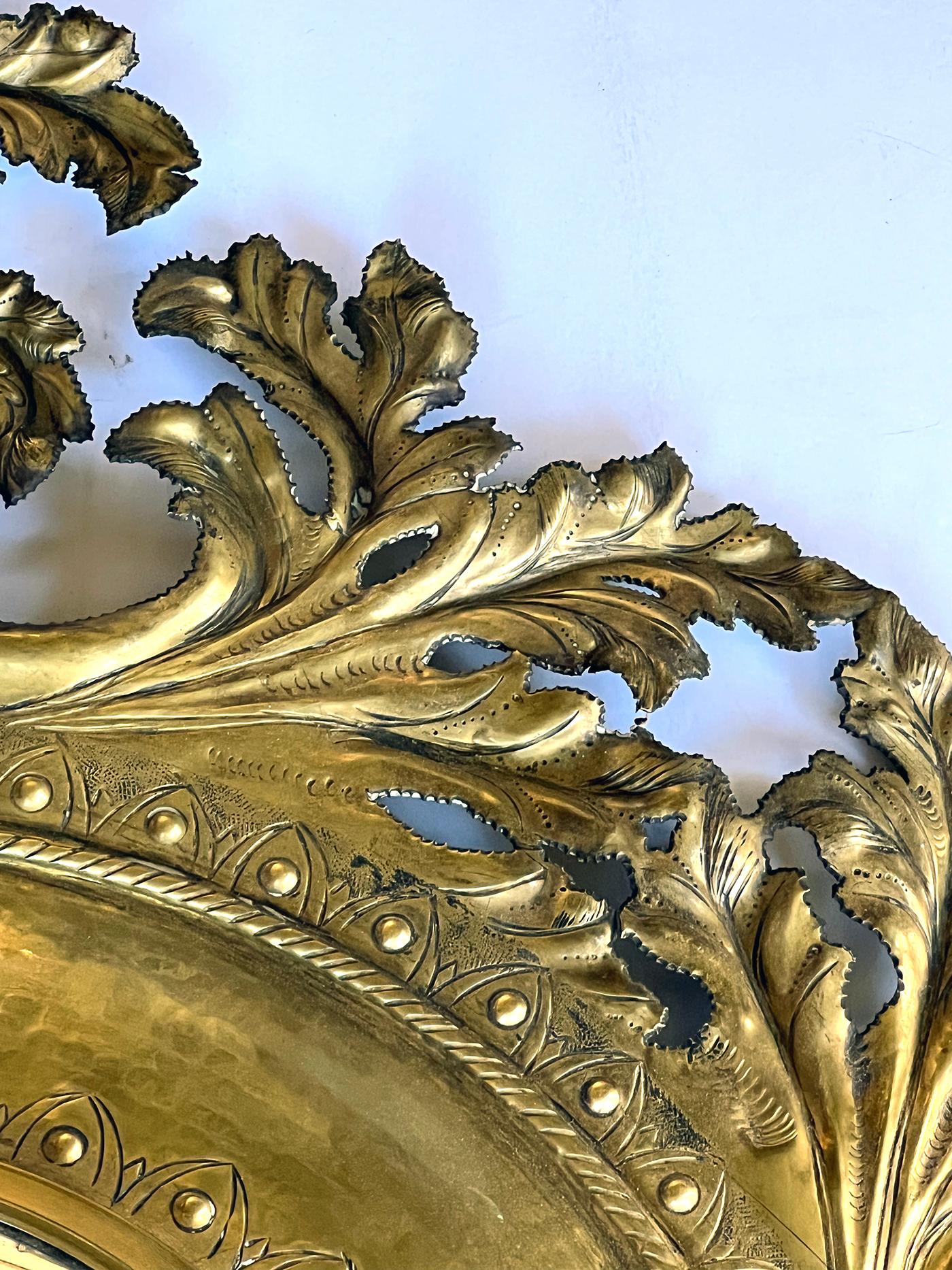 French Rococo Revival Repoussé and Cut Brass Foliate Convex Mirror For Sale 1