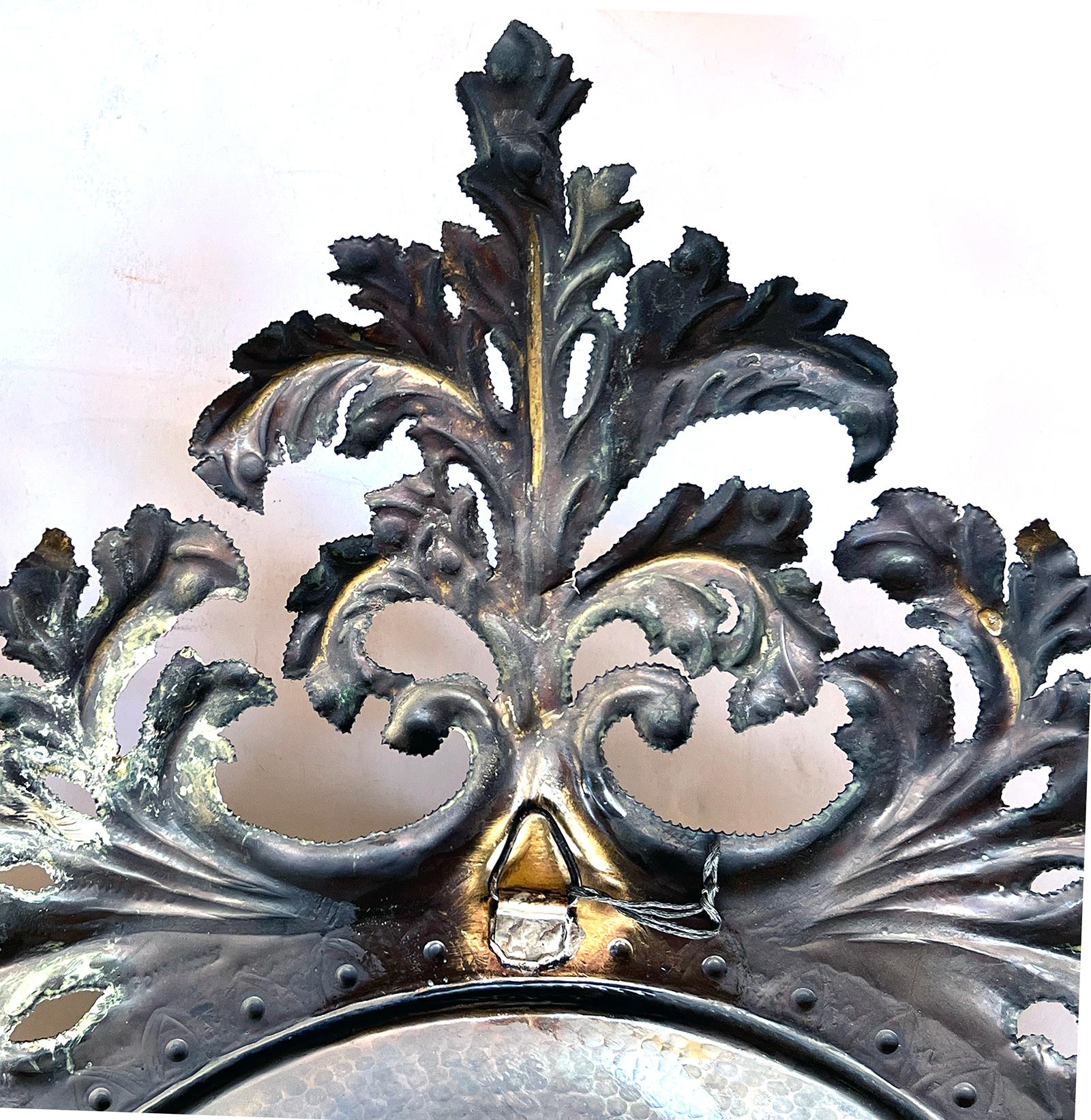 French Rococo Revival Repoussé and Cut Brass Foliate Convex Mirror For Sale 2