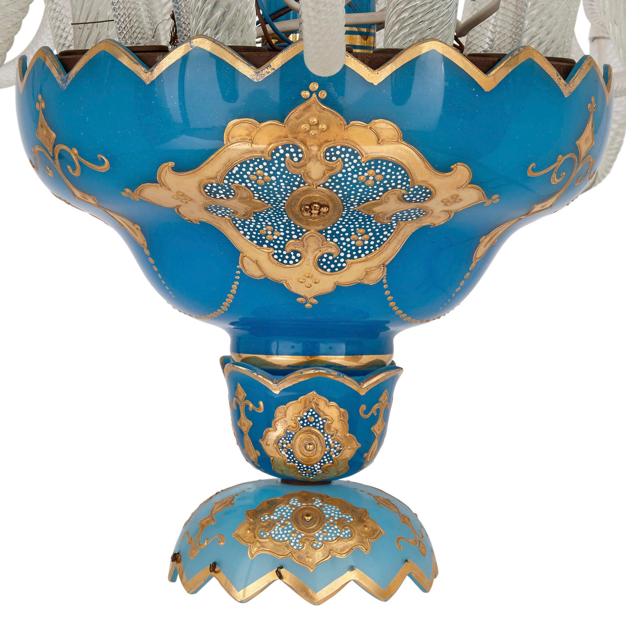 20th Century French Rococo Revival Style Gilt Blue Glass Chandelier For Sale