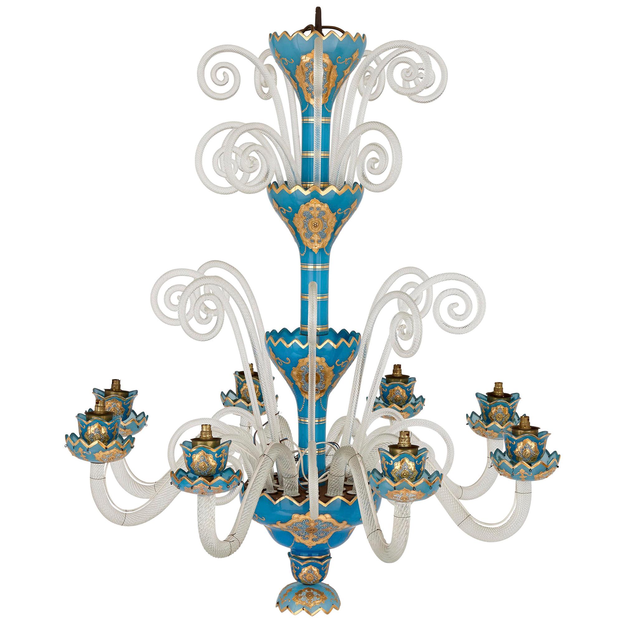 French Rococo Revival Style Gilt Blue Glass Chandelier