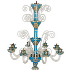 Antique French Rococo Revival Style Gilt Blue Glass Chandelier