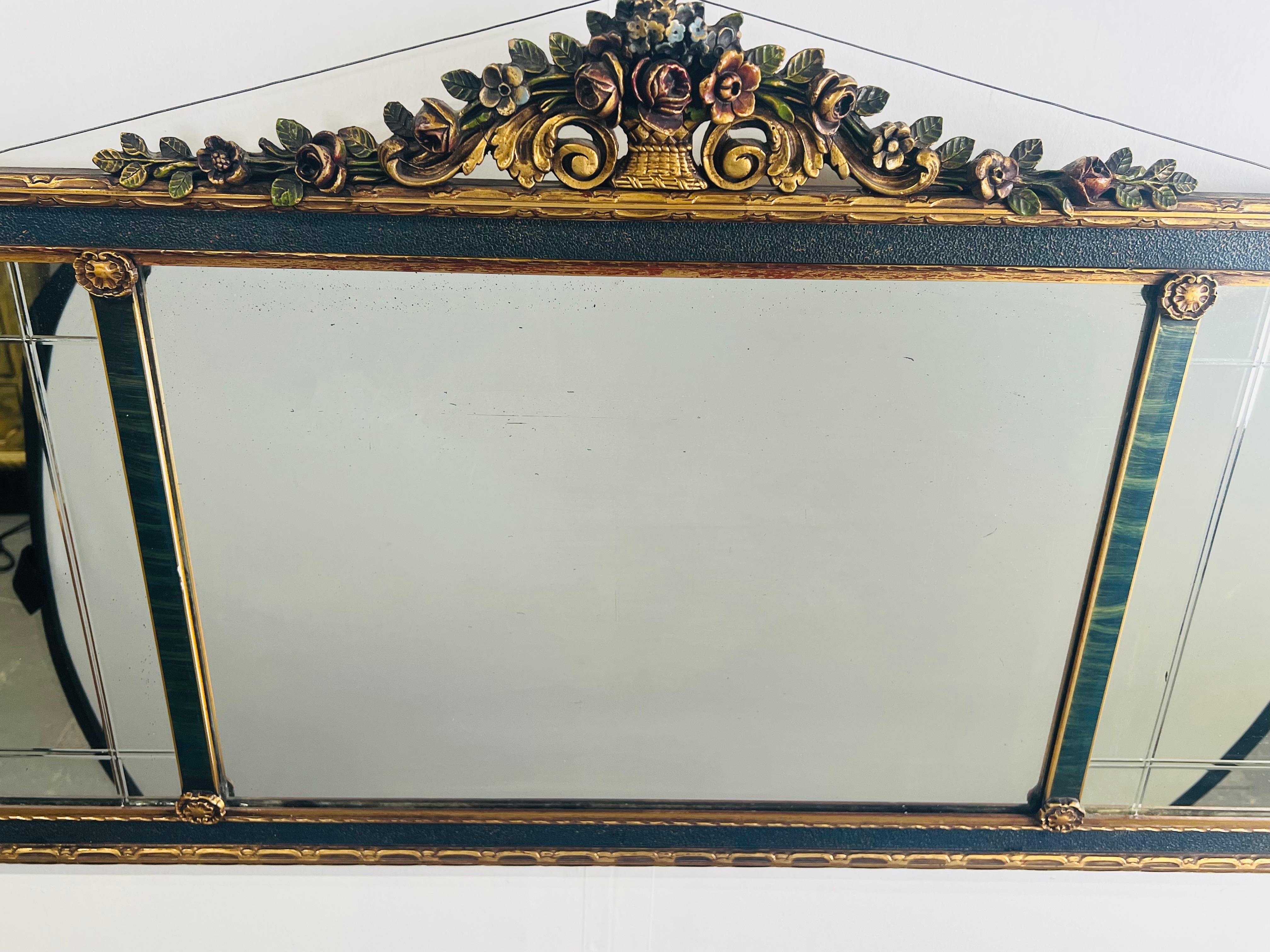 French Rococo Revival w Art Deco Flair Gilt & Ebony Three-Panel Mantel Mirror In Good Condition In Plainview, NY