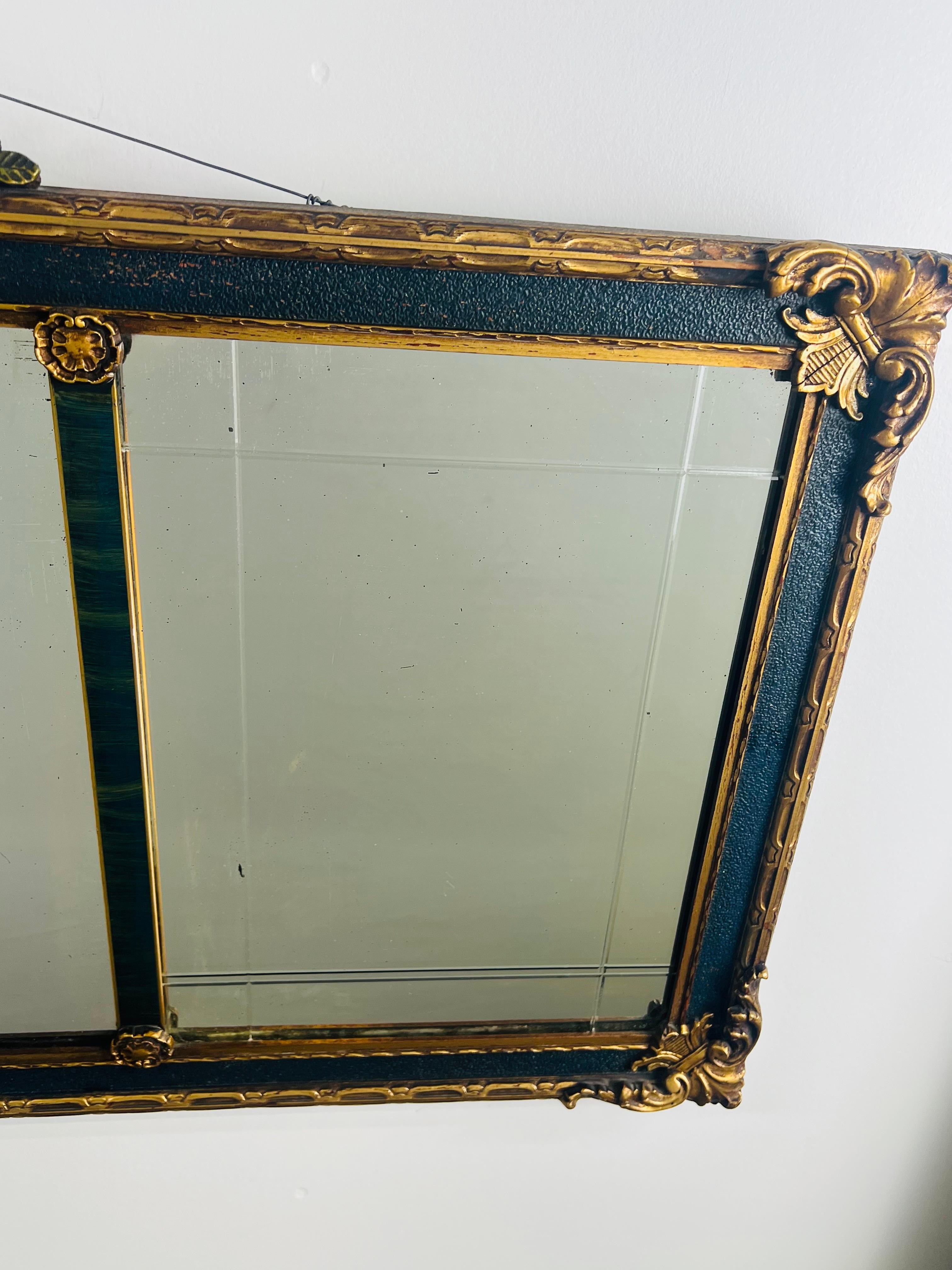 Glass French Rococo Revival w Art Deco Flair Gilt & Ebony Three-Panel Mantel Mirror