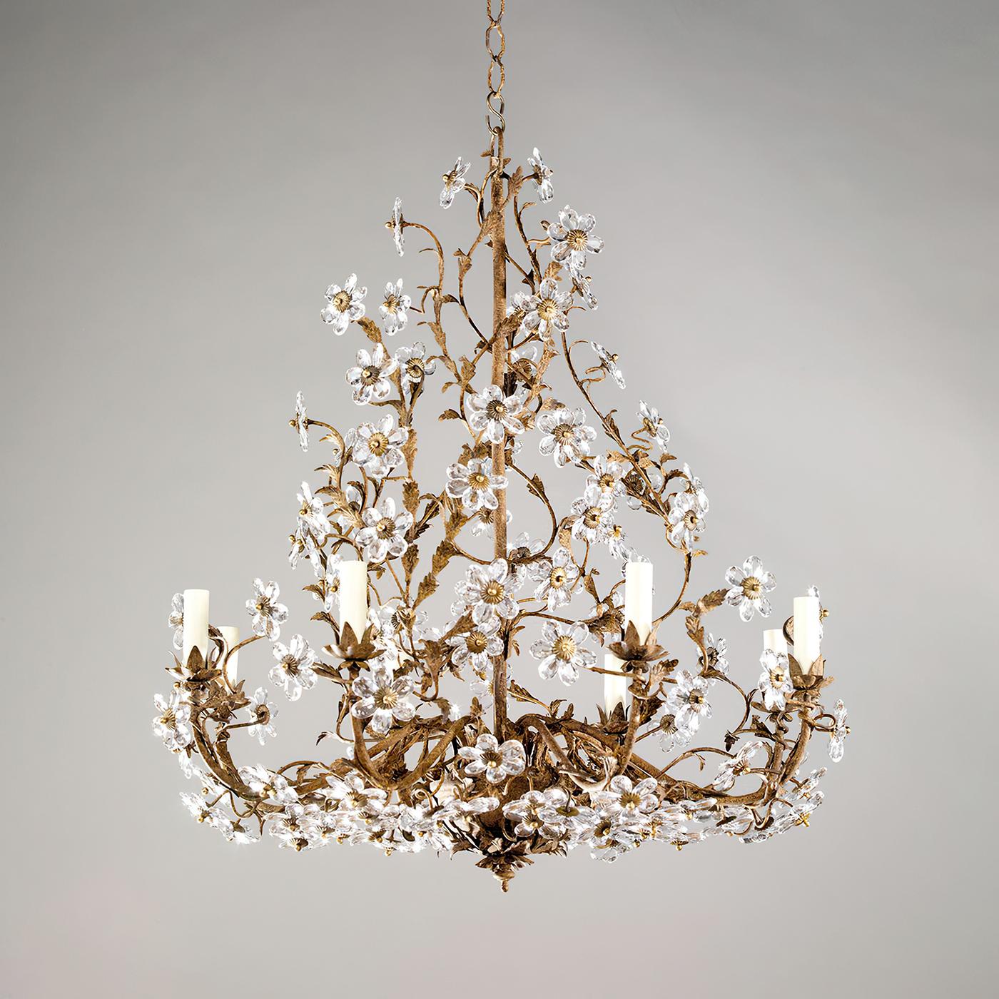 French Rococo rustic eight-light chandelier, the striking contrast of glass daisies with the gilt finish creates an organic feel and texture. Fabricated from a painted steel frame, with a patinated rust finish.

Dimensions: 29
