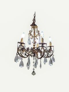 French Rococo Style 5-Light Cast Bronze & Pendeloque Crystal Cage Chandelier