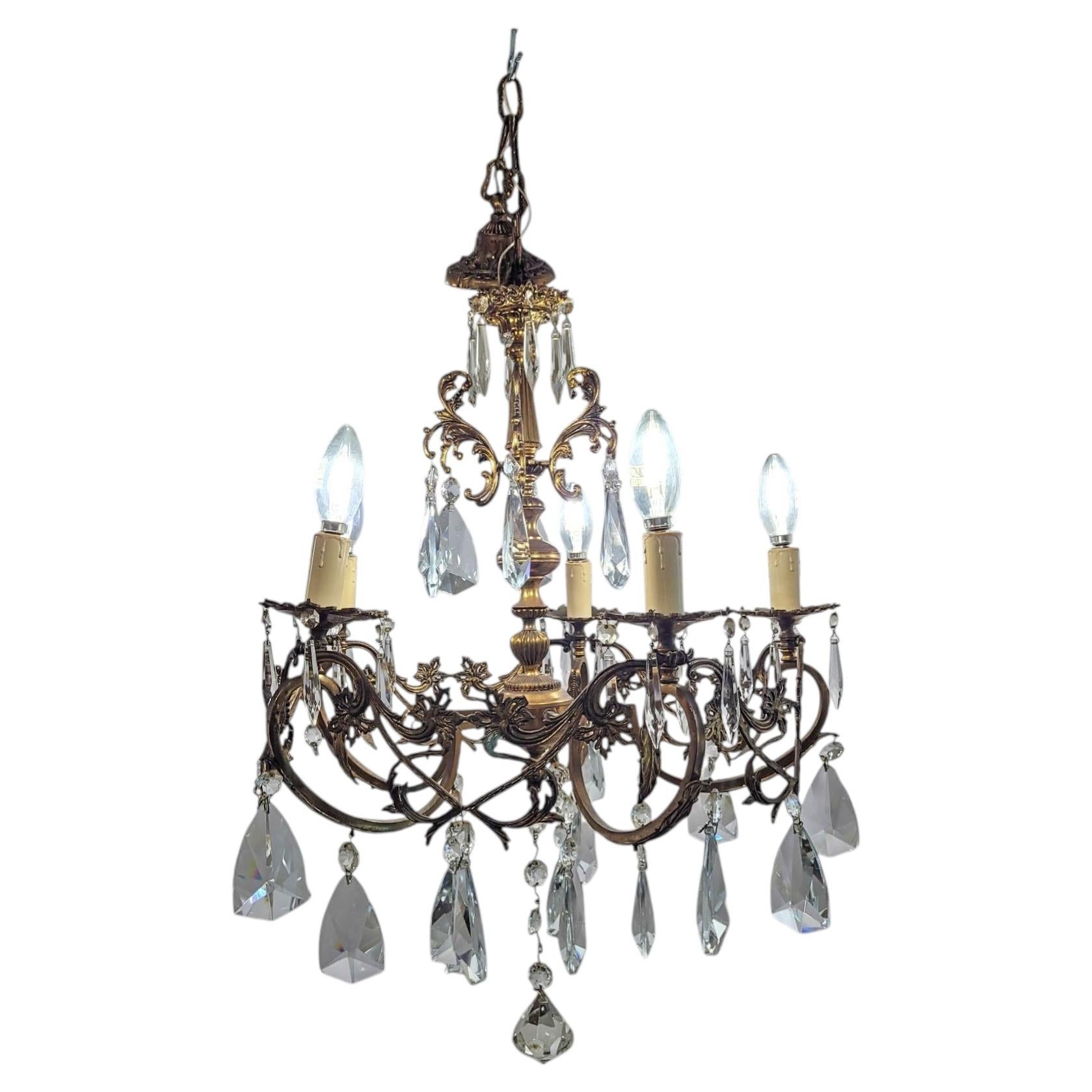 French Rococo Style 5-Light Cast Bronze & Pendeloque Crystal Cage Chandelier For Sale
