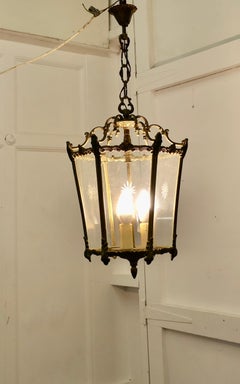 French Rococo Style Brass and Etched Glass Lantern Hall Light