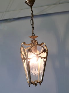 French Rococo Style Brass and Etched Glass Lantern Hall Light