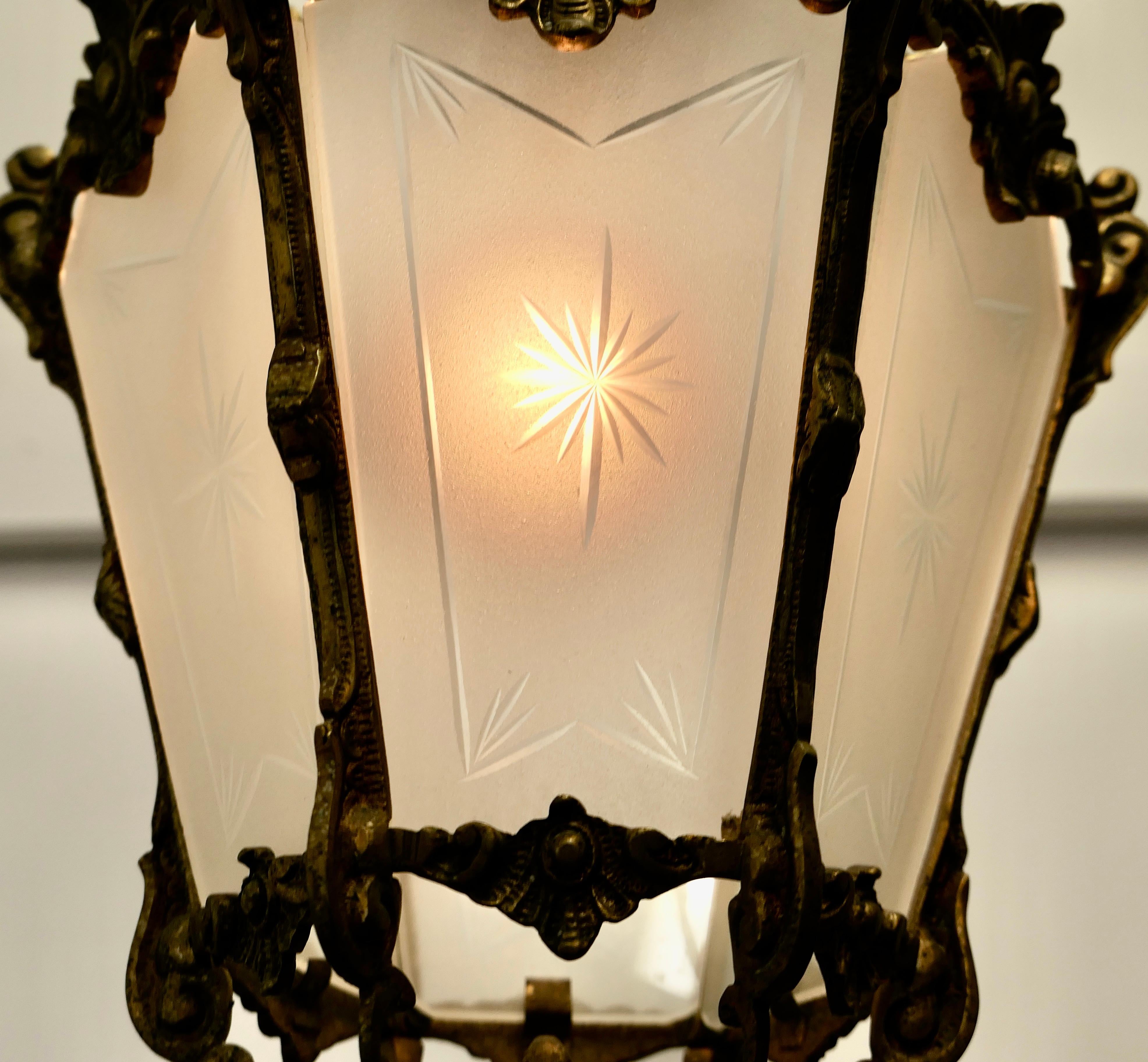 Rococo Revival French Rococo Style Brass and Etched Glass Lantern Hall Light For Sale