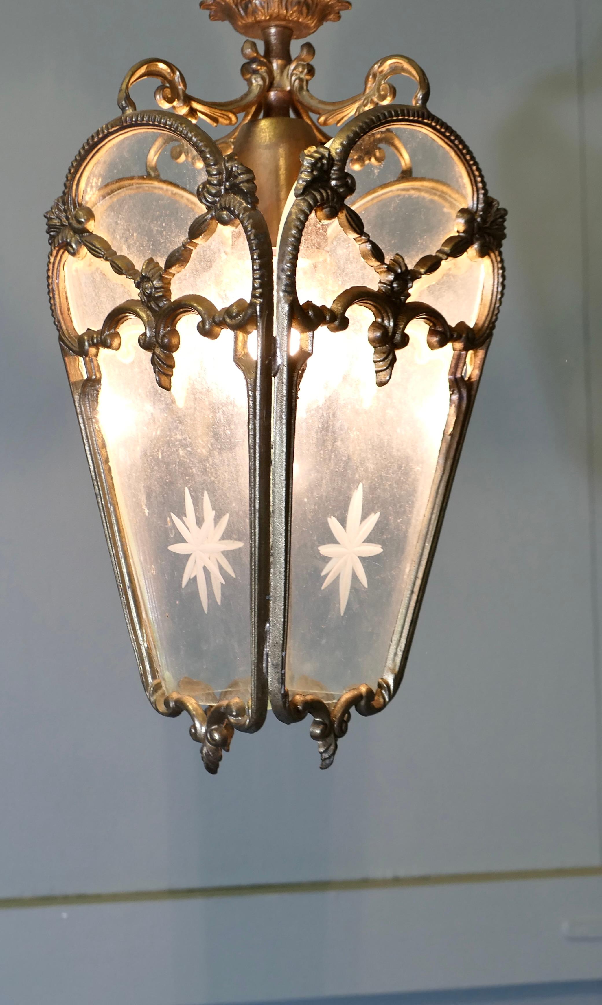 French Provincial French Rococo Style Brass and Etched Glass Lantern Hall Light For Sale