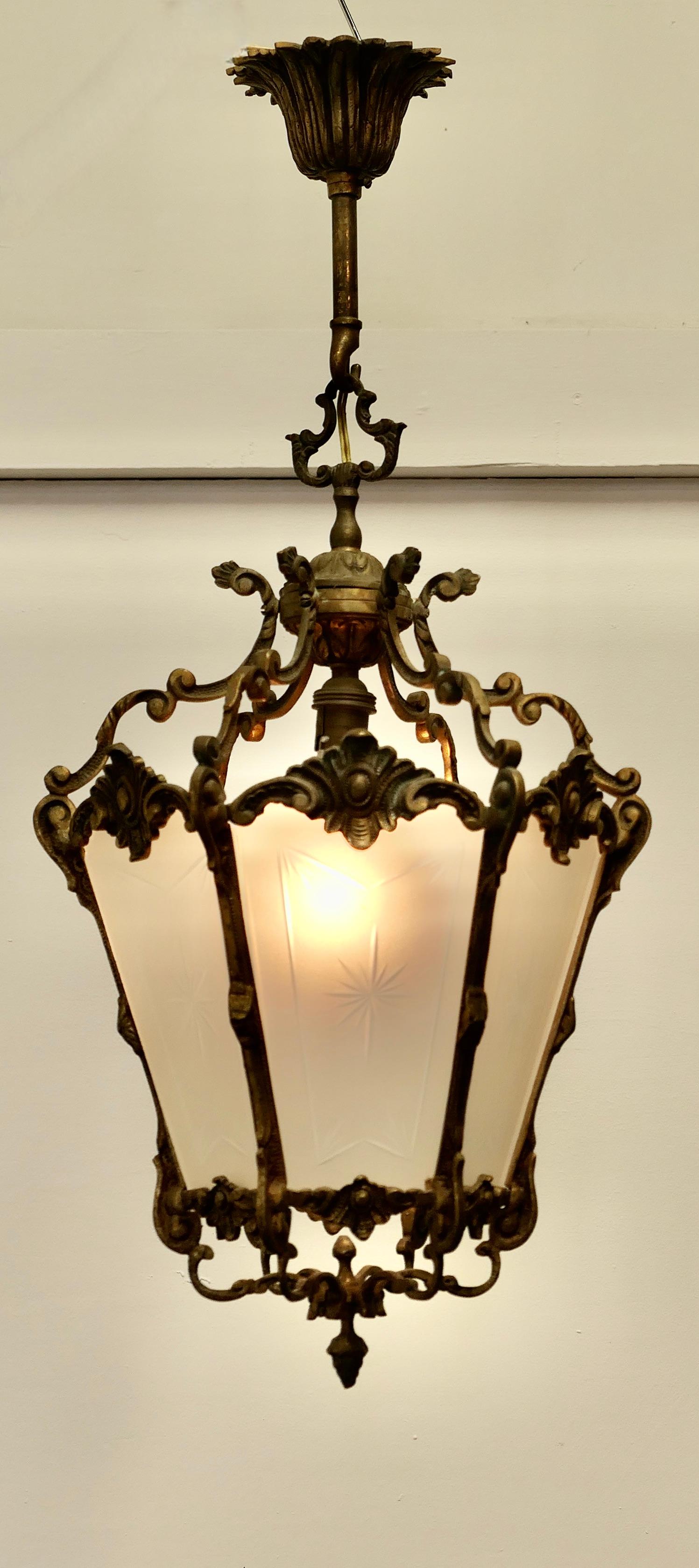 French Rococo Style Brass and Etched Glass Lantern Hall Light In Good Condition For Sale In Chillerton, Isle of Wight