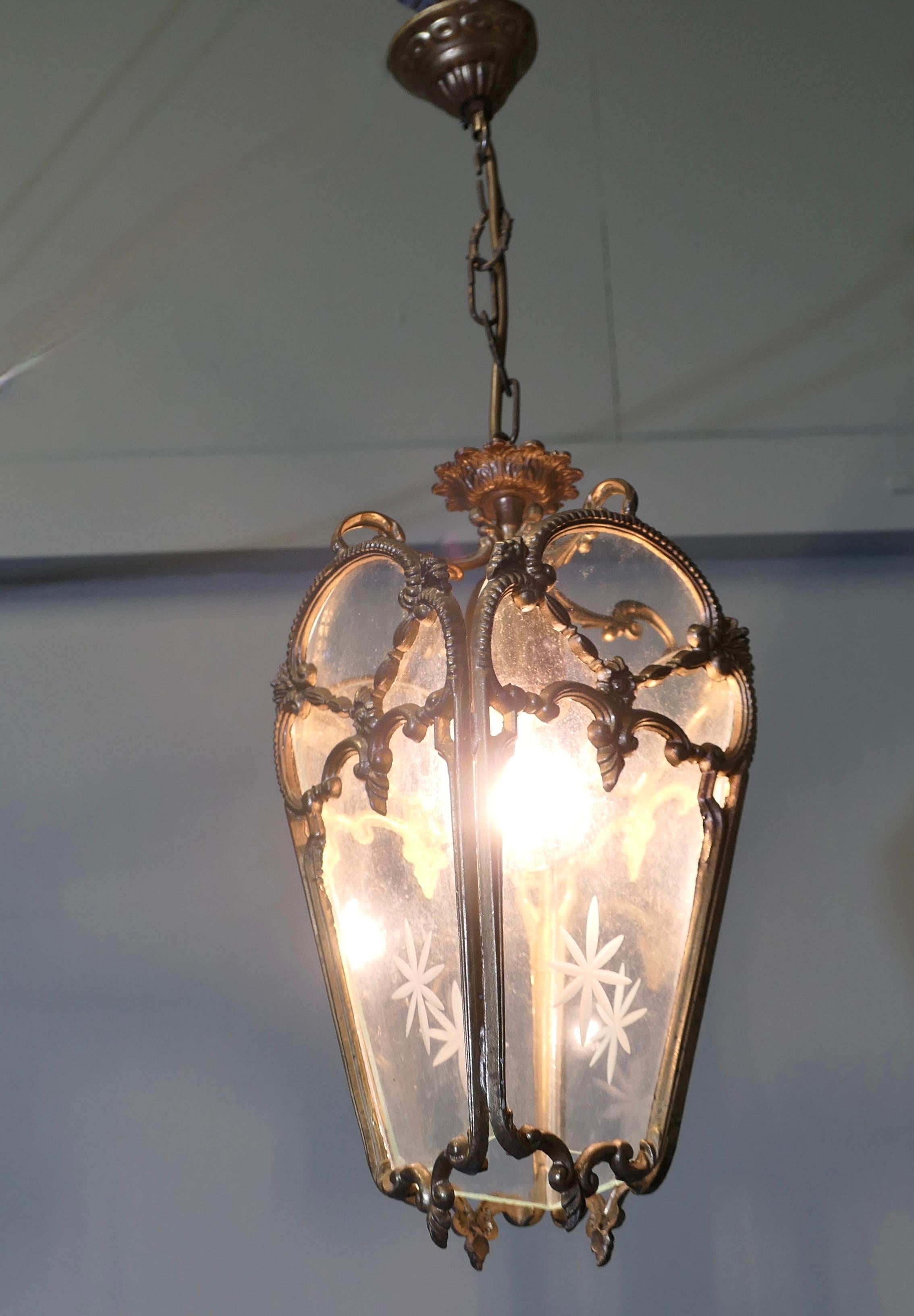 French Rococo Style Brass and Etched Glass Lantern Hall Light In Good Condition For Sale In Godshill, Isle of Wight