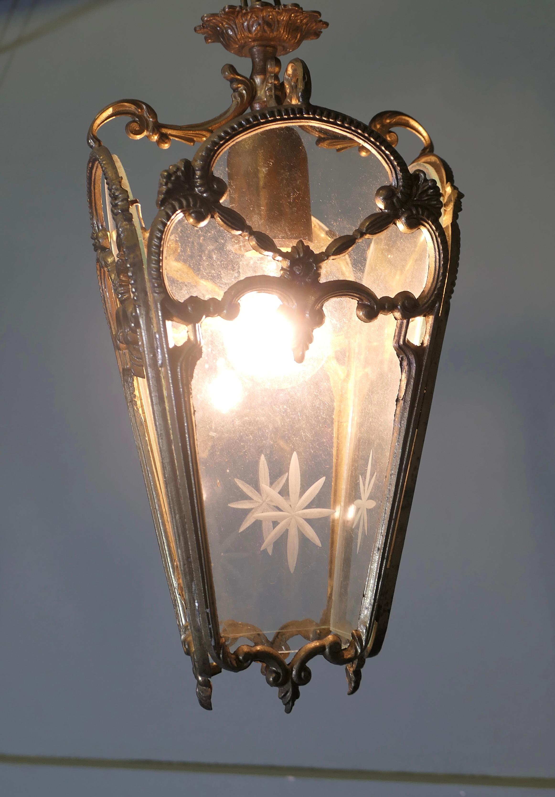 19th Century French Rococo Style Brass and Etched Glass Lantern Hall Light For Sale