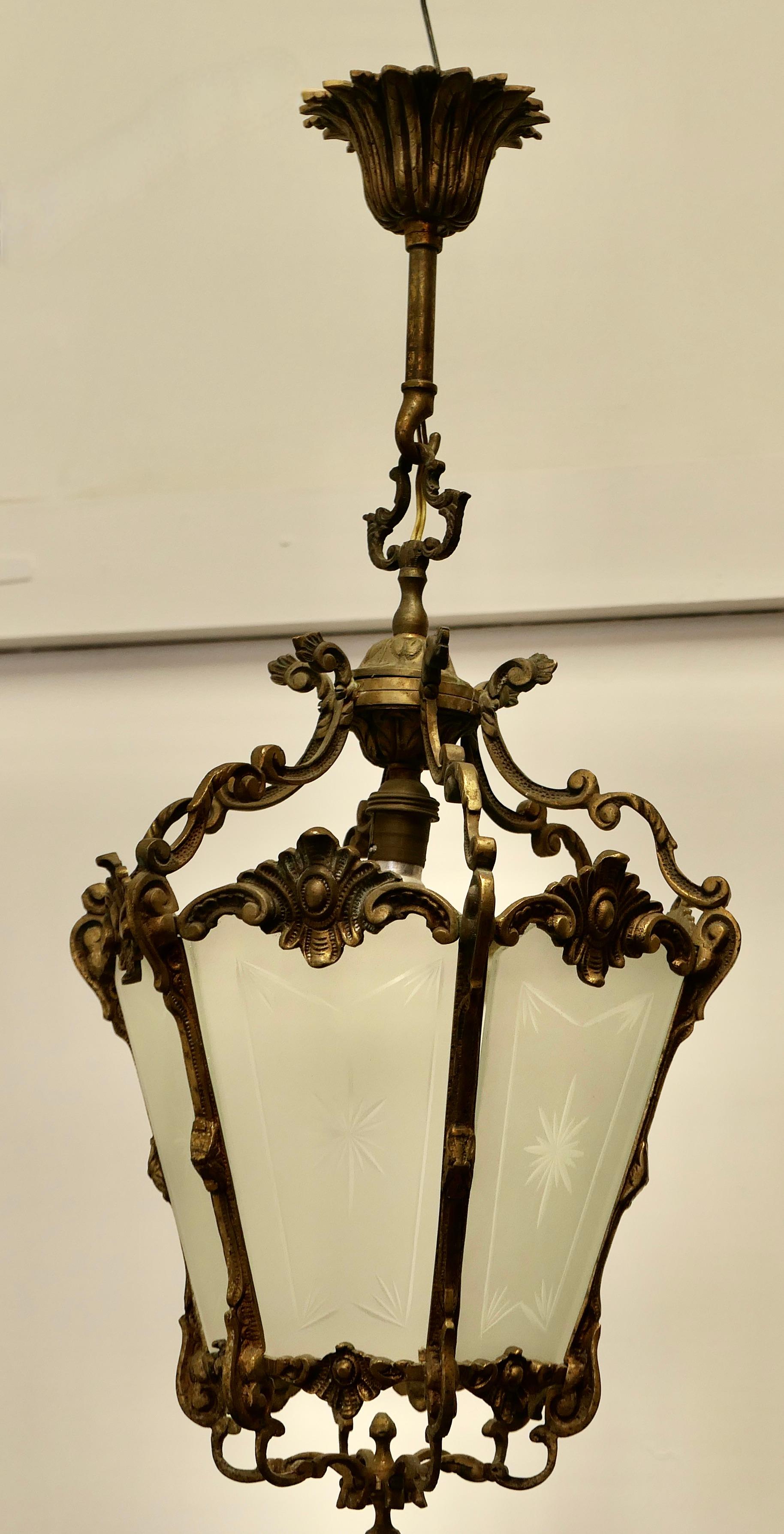 French Rococo Style Brass and Etched Glass Lantern Hall Light For Sale 1