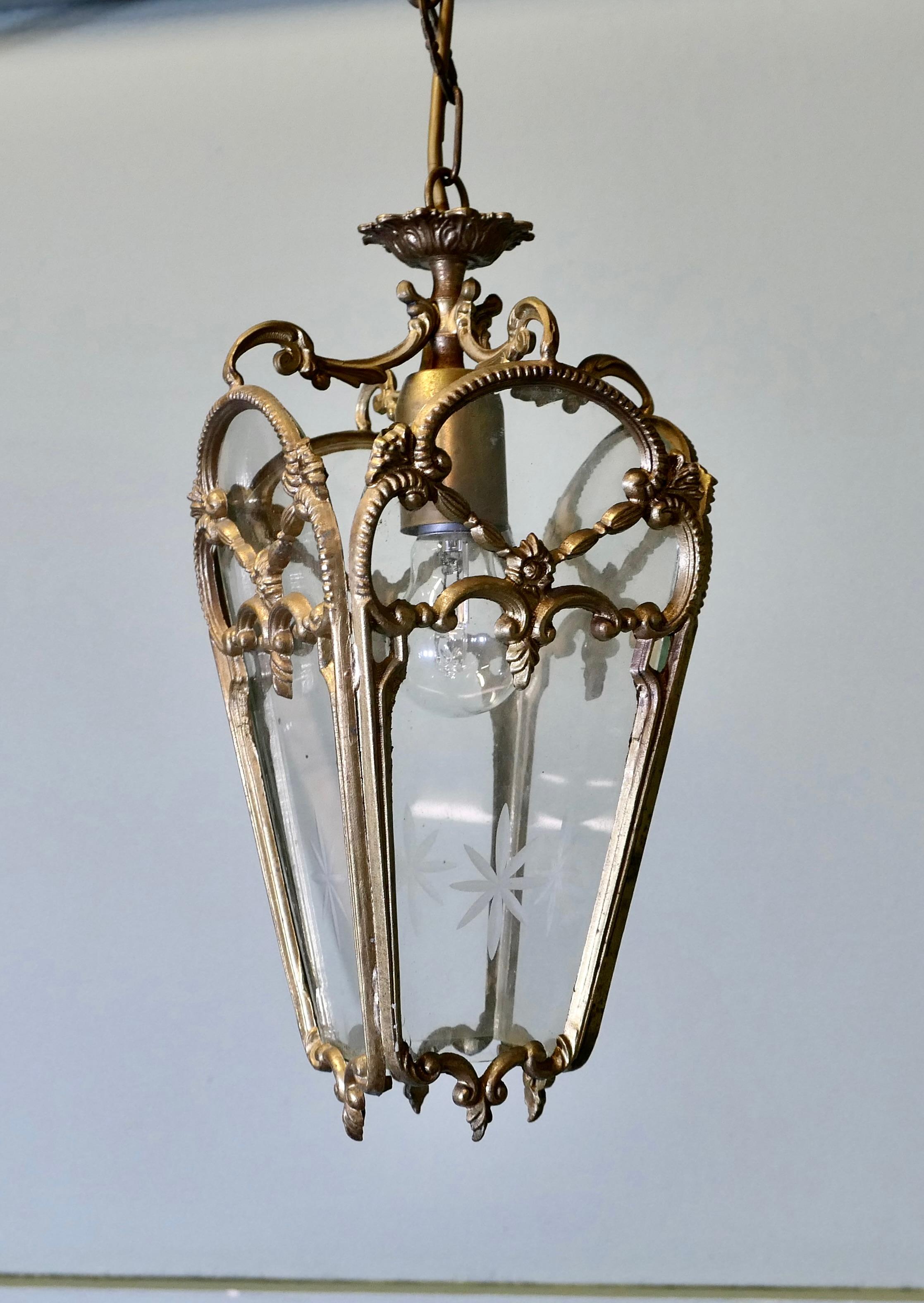 French Rococo Style Brass and Etched Glass Lantern Hall Light For Sale 1