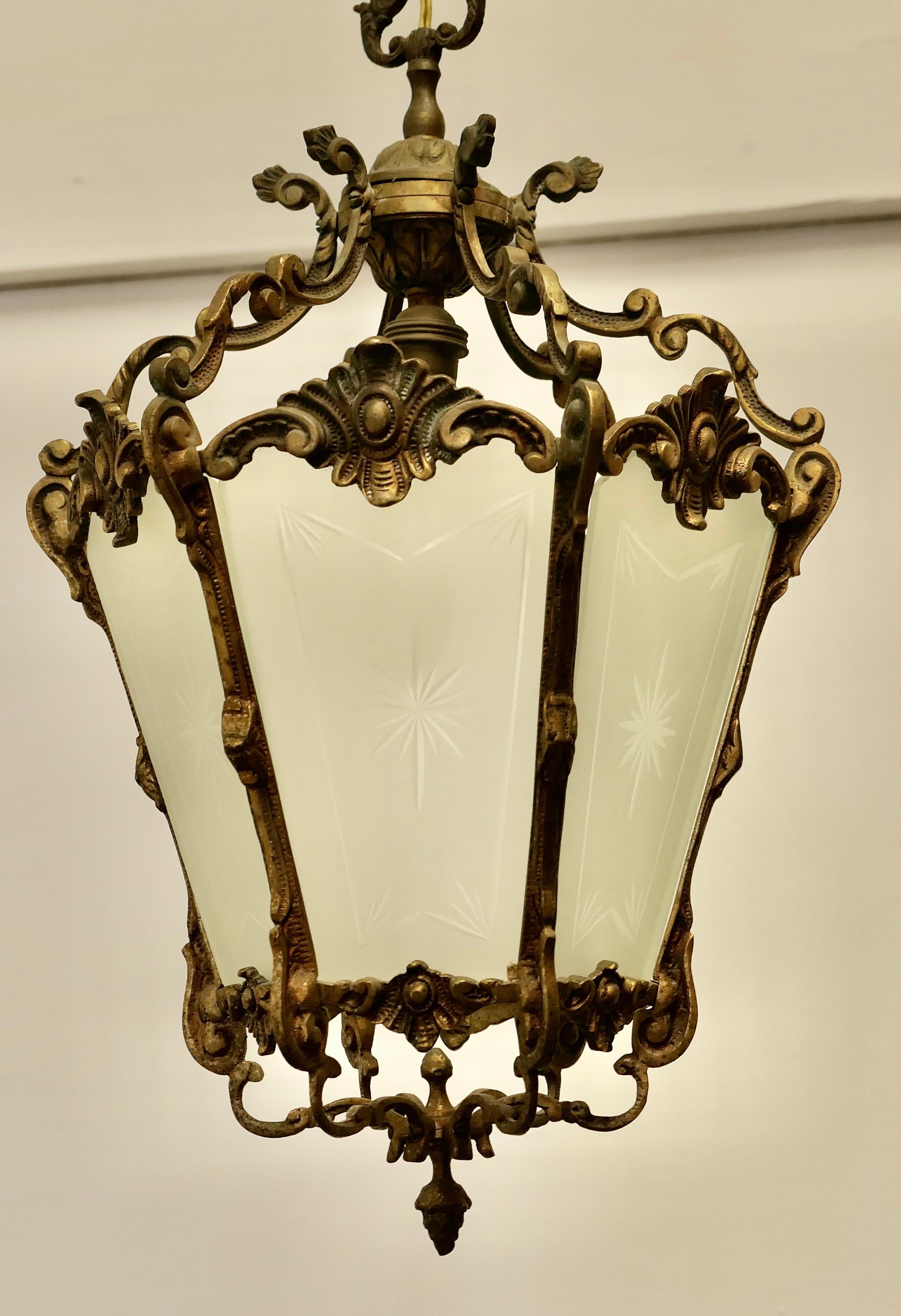 French Rococo Style Brass and Etched Glass Lantern Hall Light For Sale 2