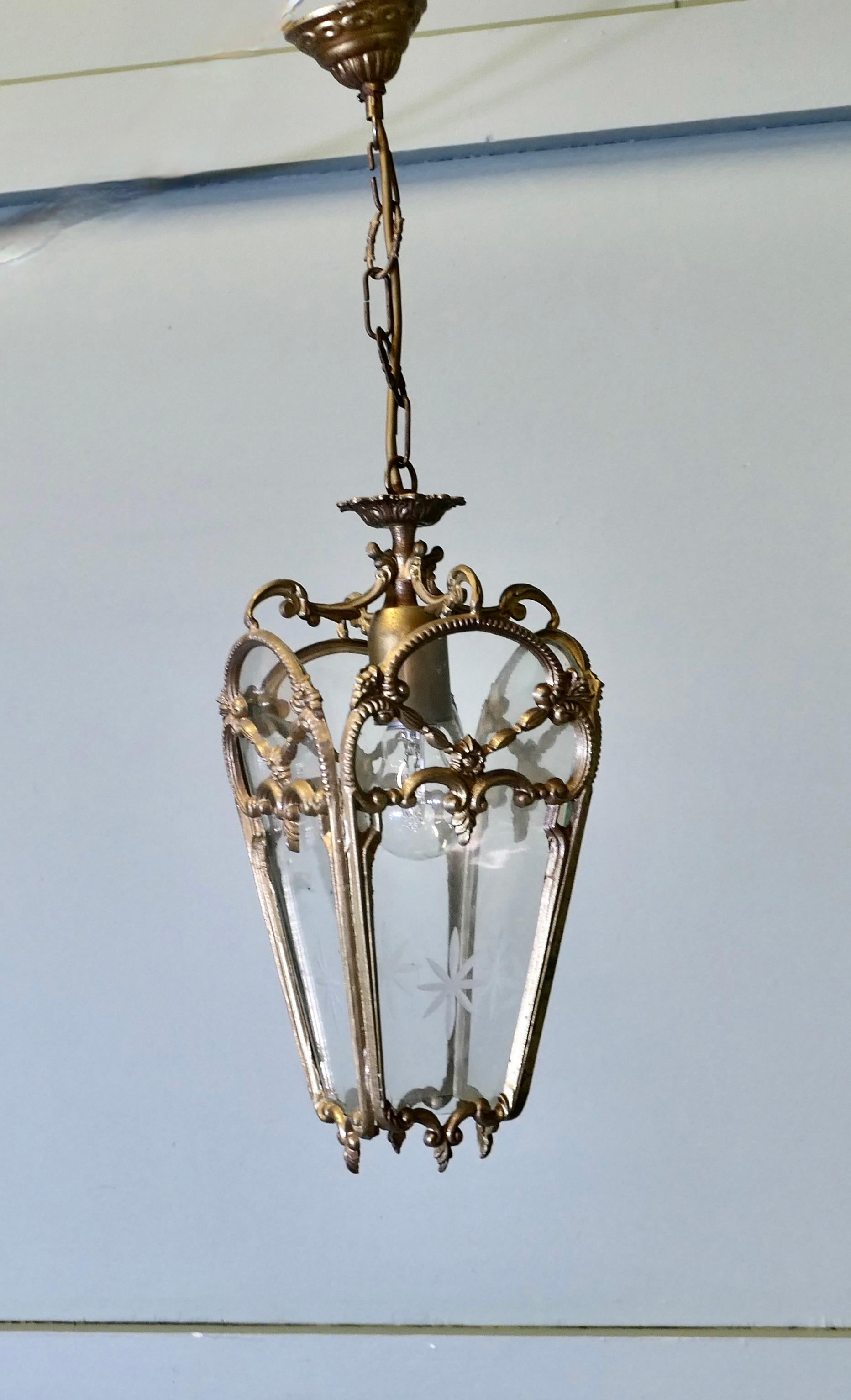 French Rococo Style Brass and Etched Glass Lantern Hall Light For Sale 2