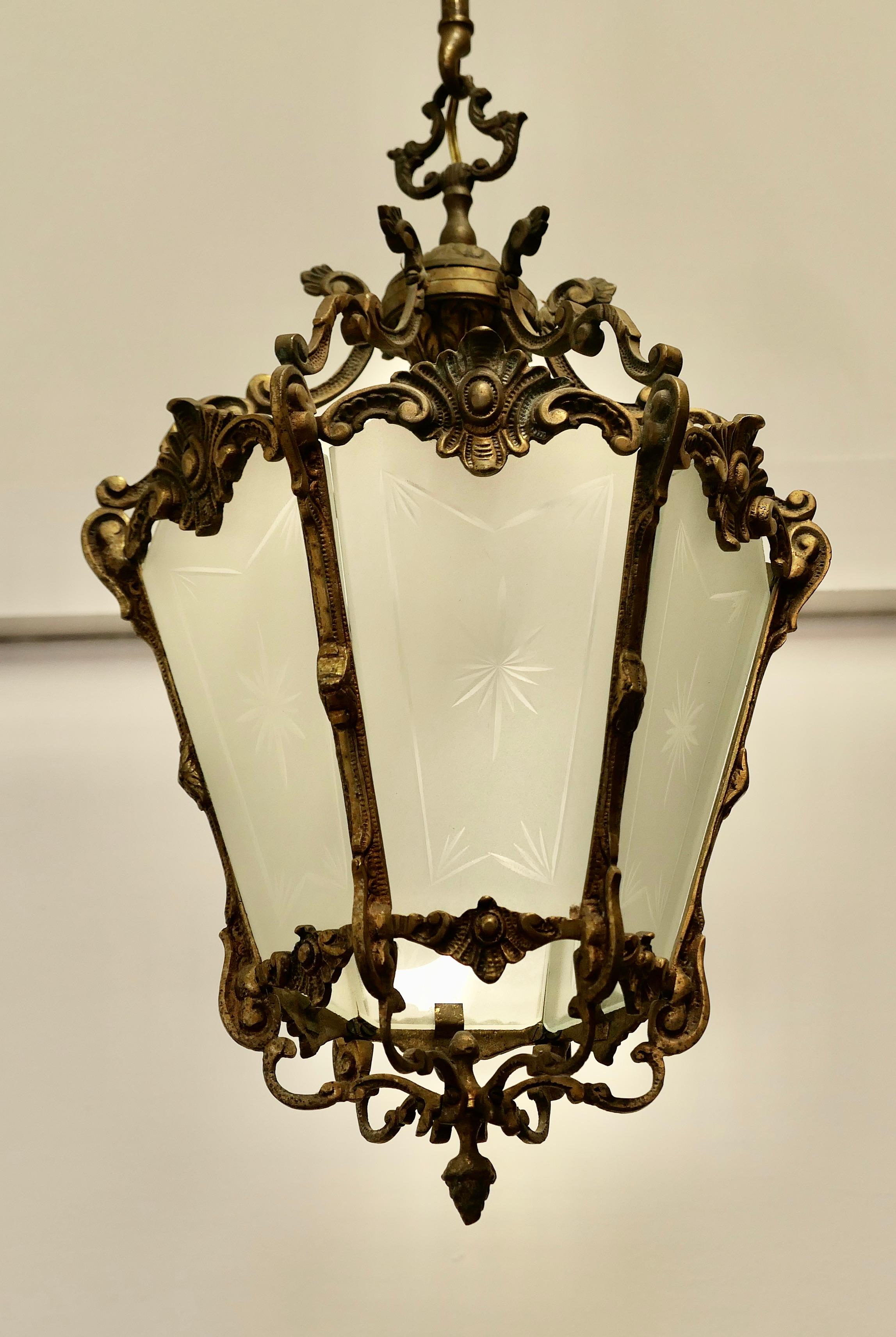 French Rococo Style Brass and Etched Glass Lantern Hall Light For Sale 3