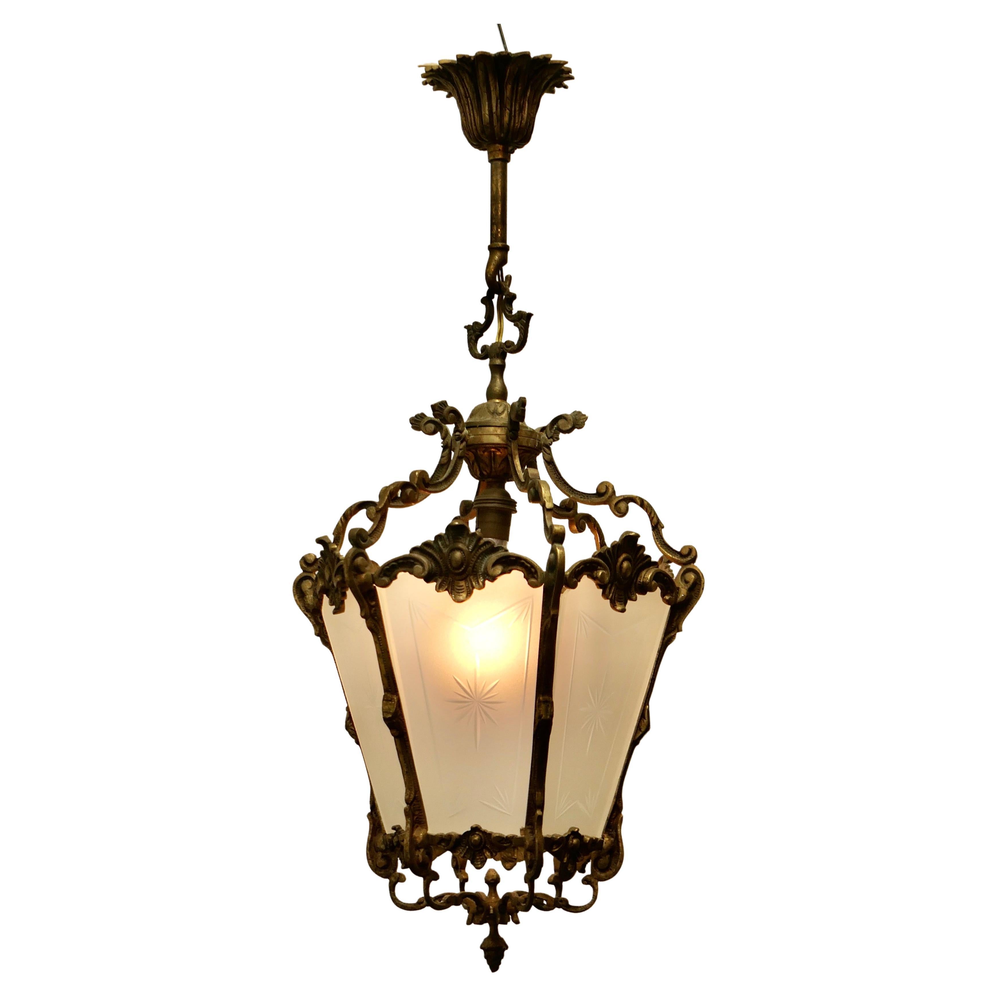 French Rococo Style Brass and Etched Glass Lantern Hall Light For Sale
