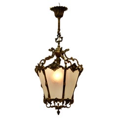 Antique French Rococo Style Brass and Etched Glass Lantern Hall Light