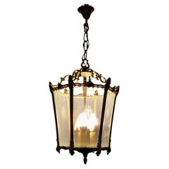 French Rococo Style Brass and Etched Glass Lantern Hall Light