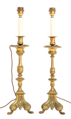French Rococo Style Brass Candlestick Lamps, Pair