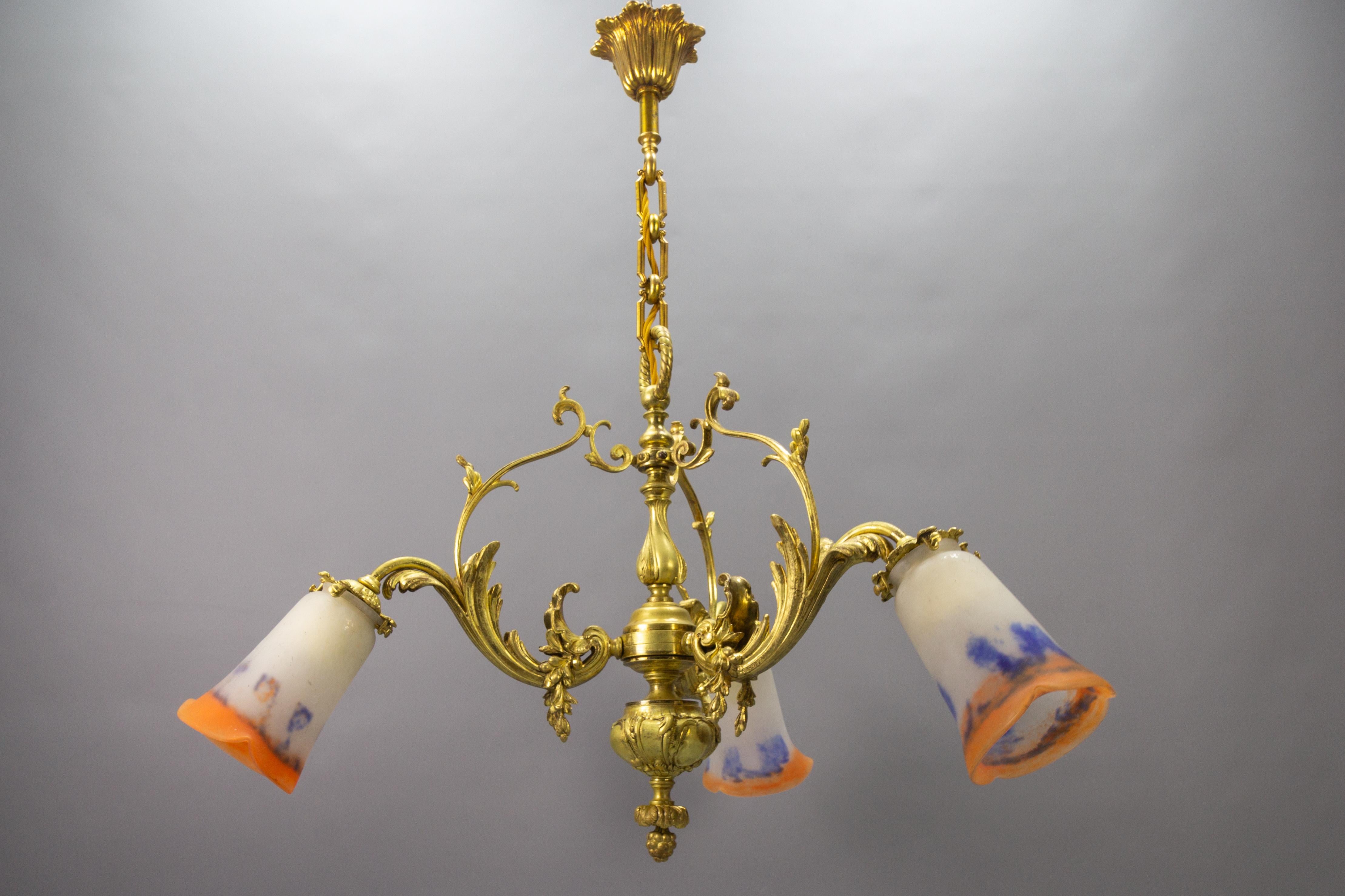 French Rococo Style Bronze and Noverdy Glass Three-Light Chandelier, ca 1920 For Sale 5