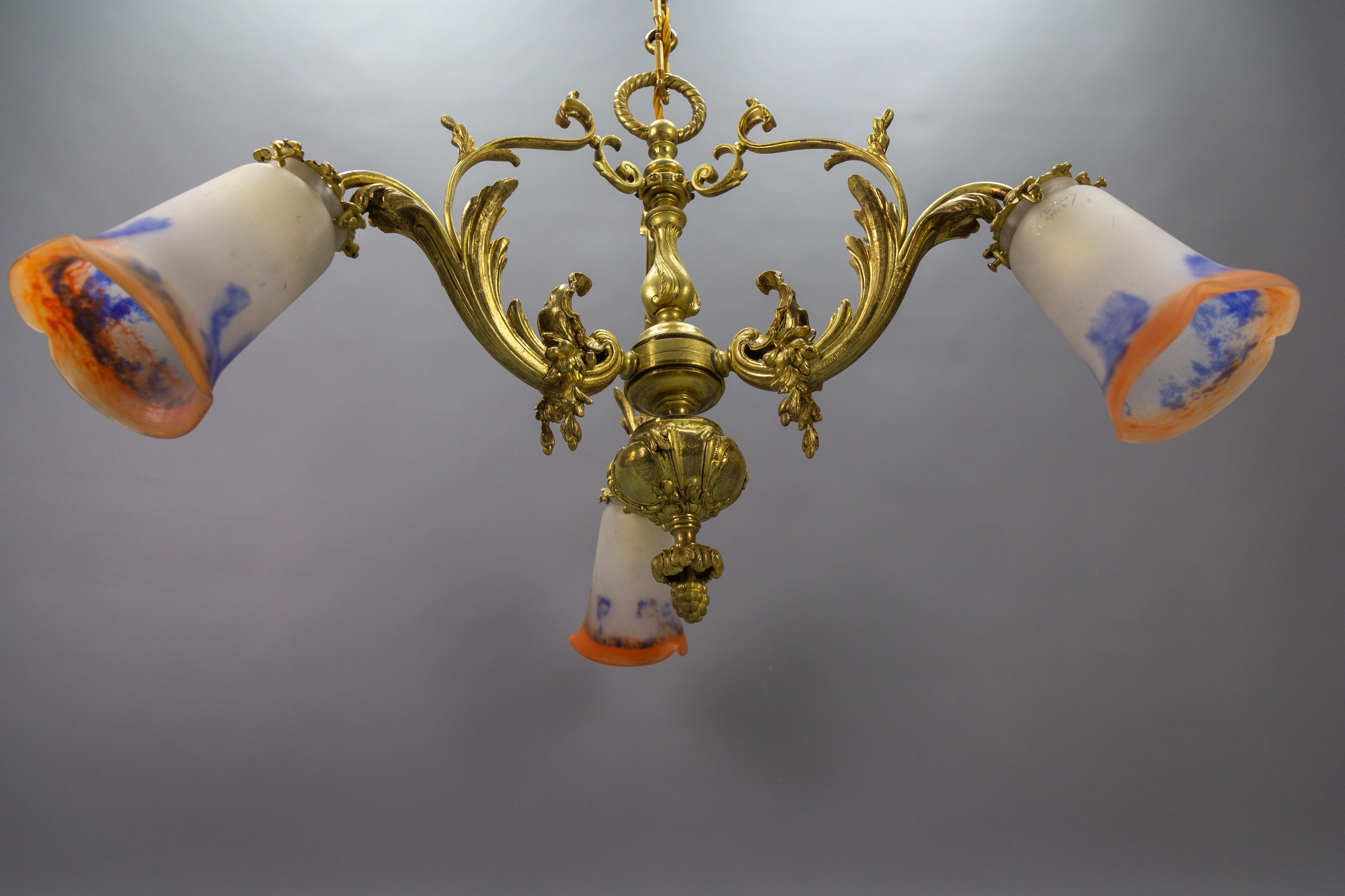 French Rococo Style Bronze and Noverdy Glass Three-Light Chandelier, ca 1920 For Sale 6