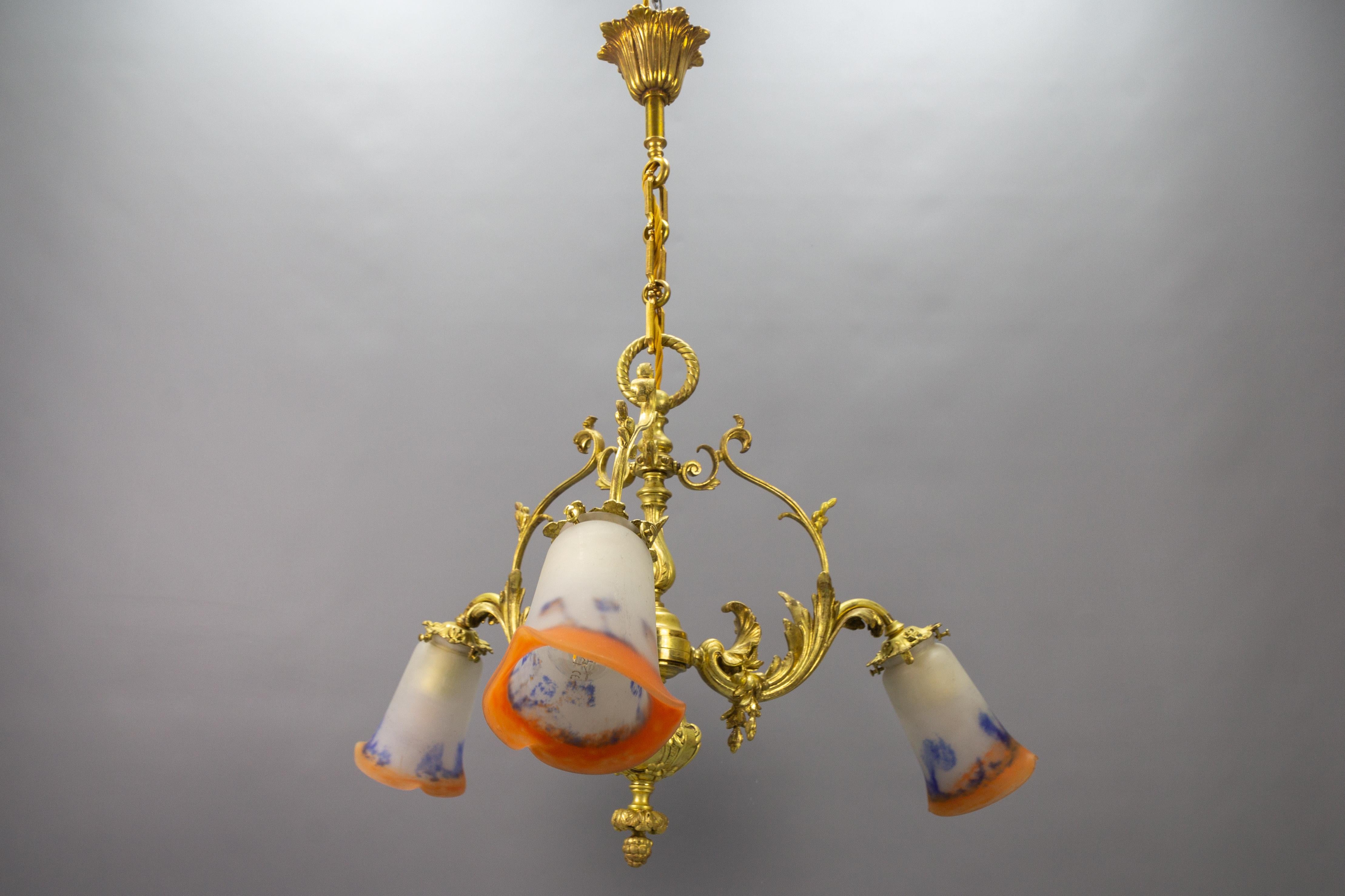 French Rococo Style Bronze and Noverdy Glass Three-Light Chandelier, ca 1920 For Sale 11