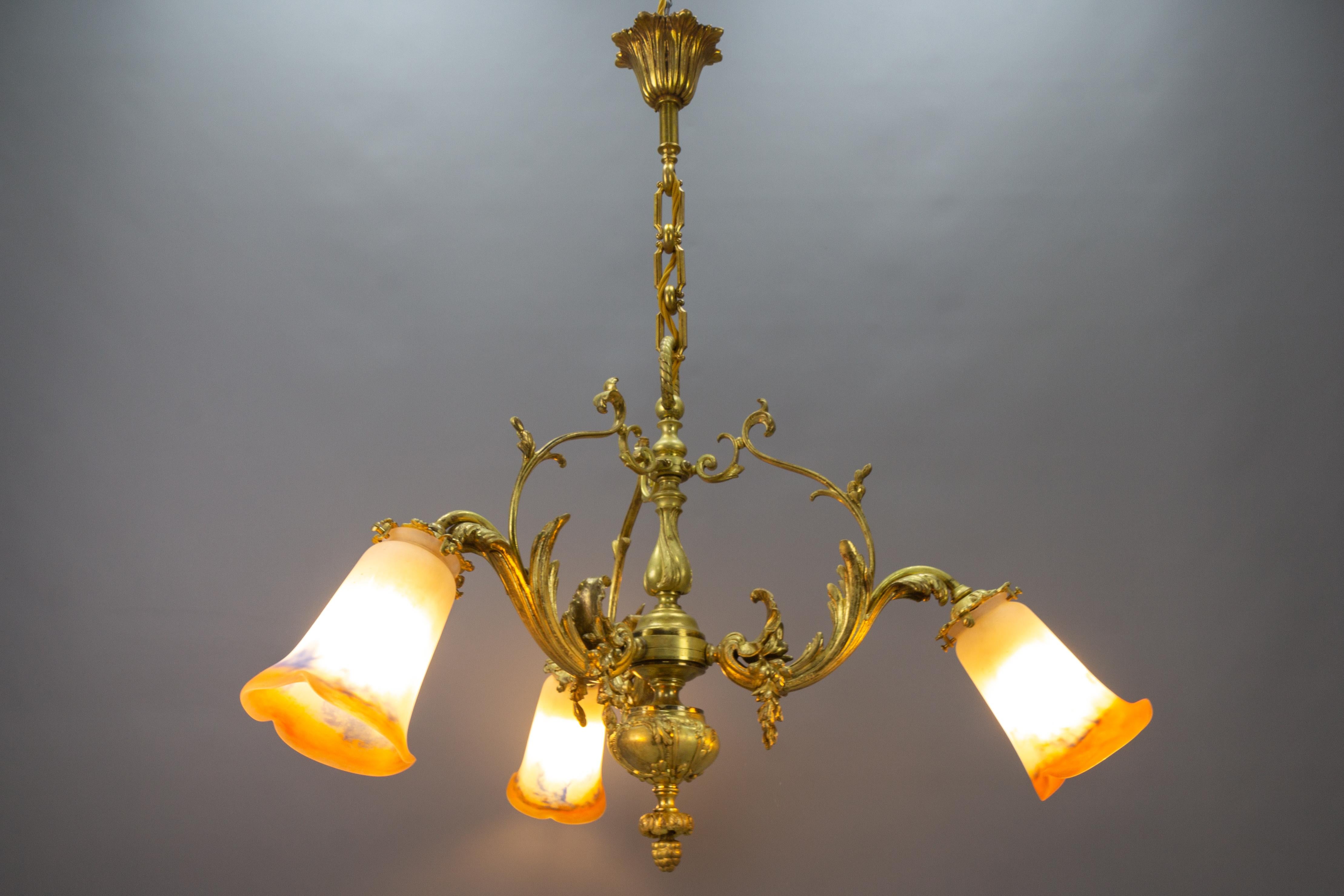 French Rococo Style Bronze and Noverdy Glass Three-Light Chandelier, ca 1920 For Sale 12