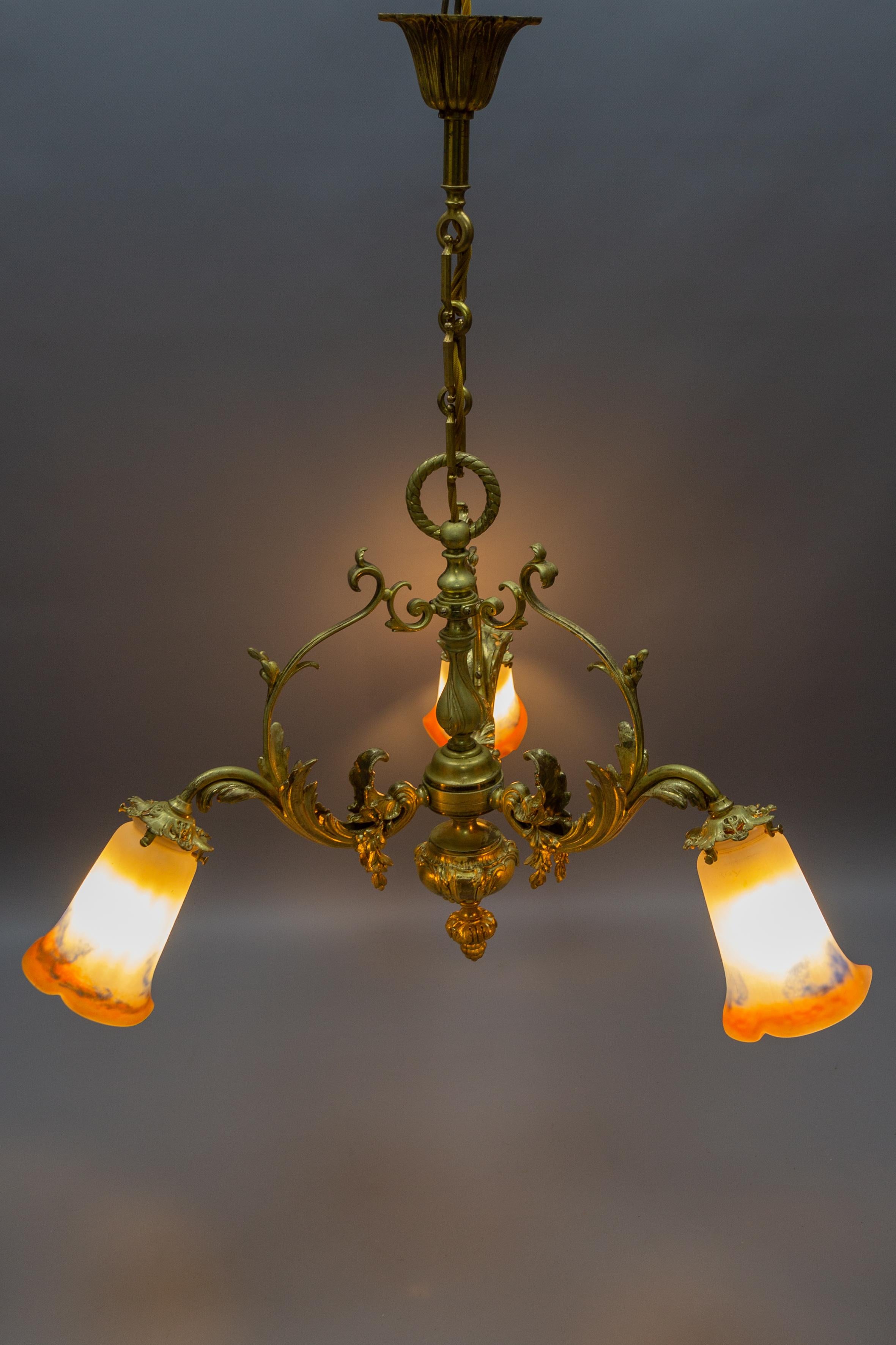 French Rococo Style Bronze and Noverdy Glass Three-Light Chandelier, ca 1920 For Sale 13