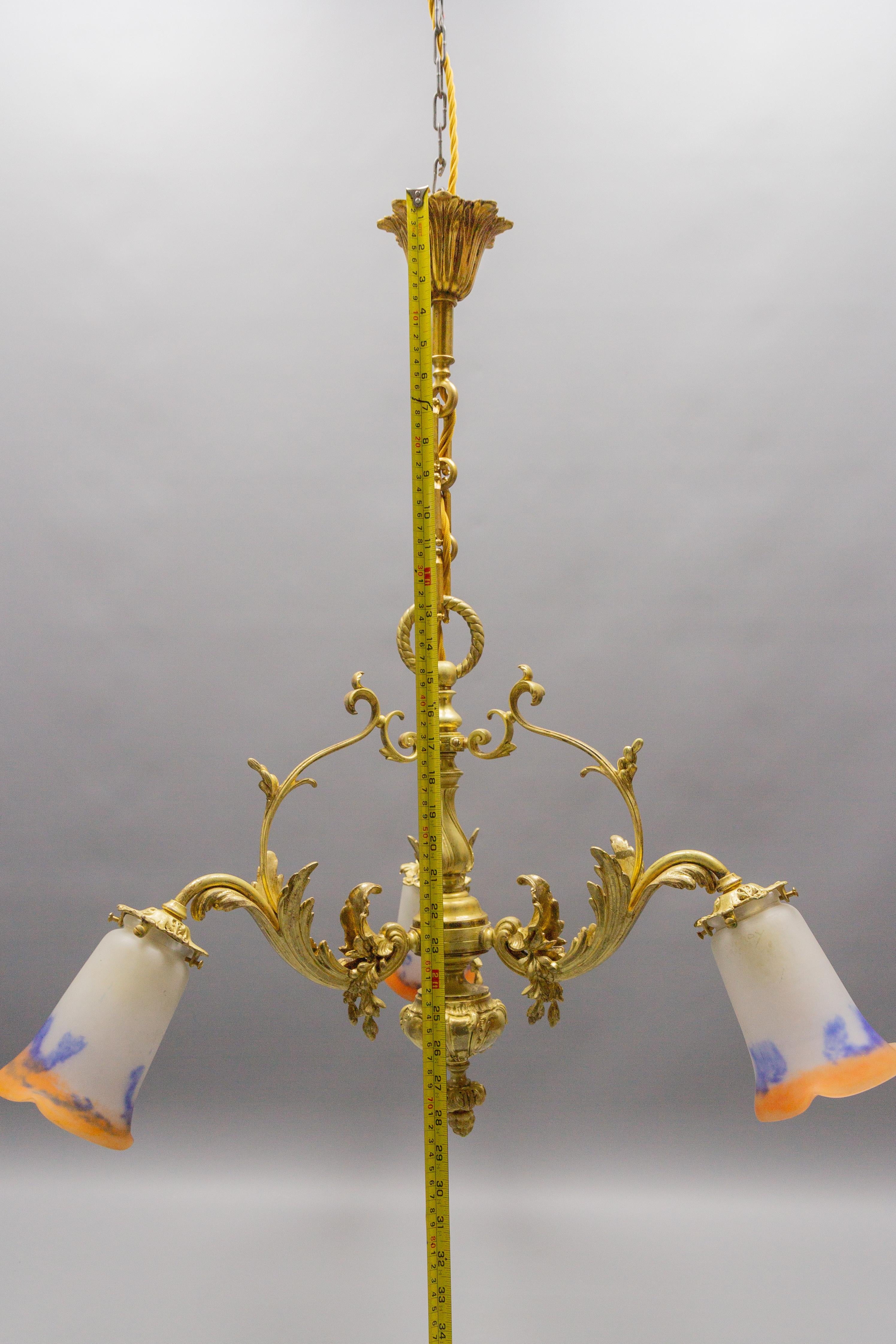 French Rococo Style Bronze and Noverdy Glass Three-Light Chandelier, ca 1920 For Sale 15