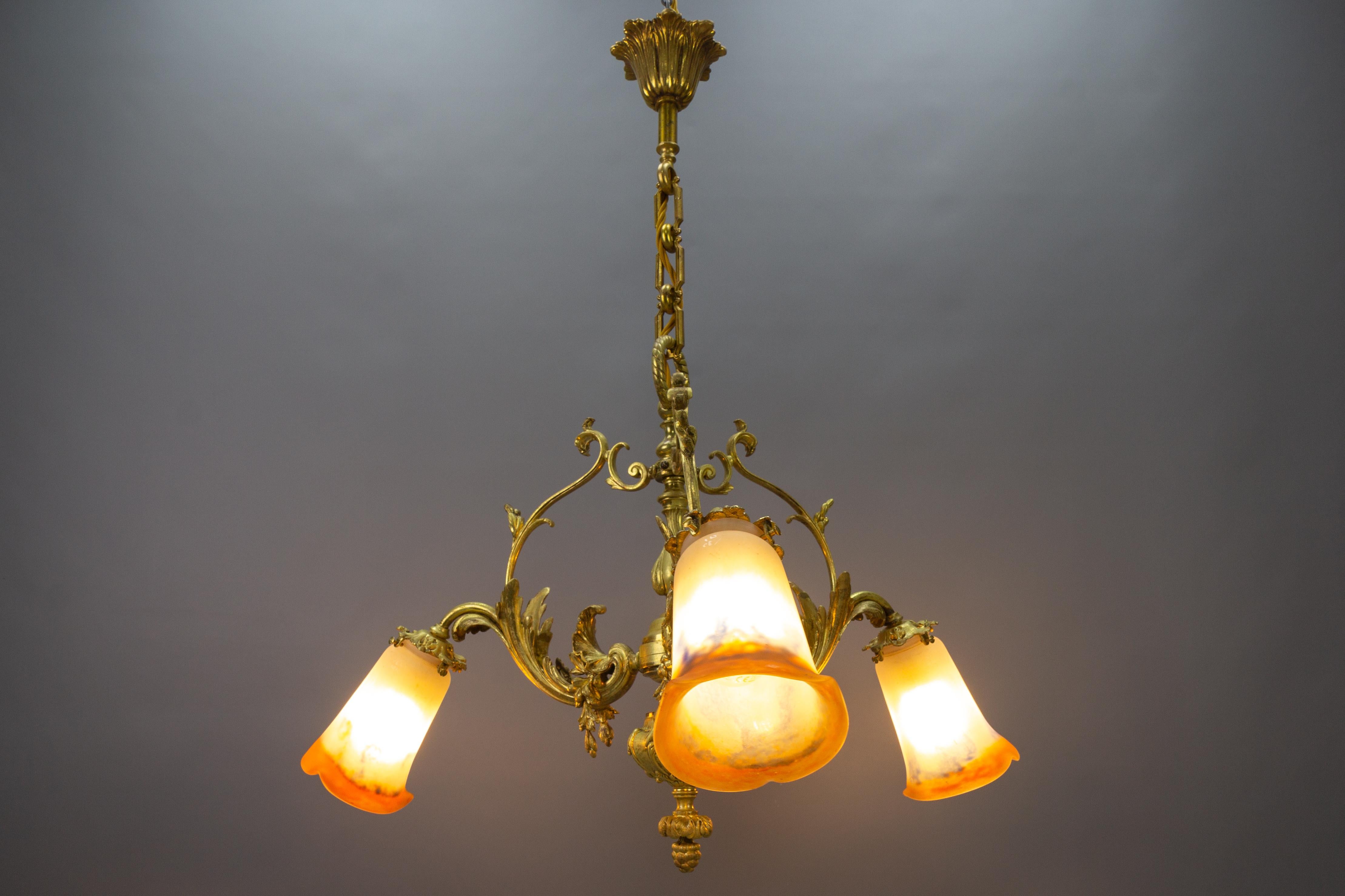 Early 20th Century French Rococo Style Bronze and Noverdy Glass Three-Light Chandelier, ca 1920 For Sale