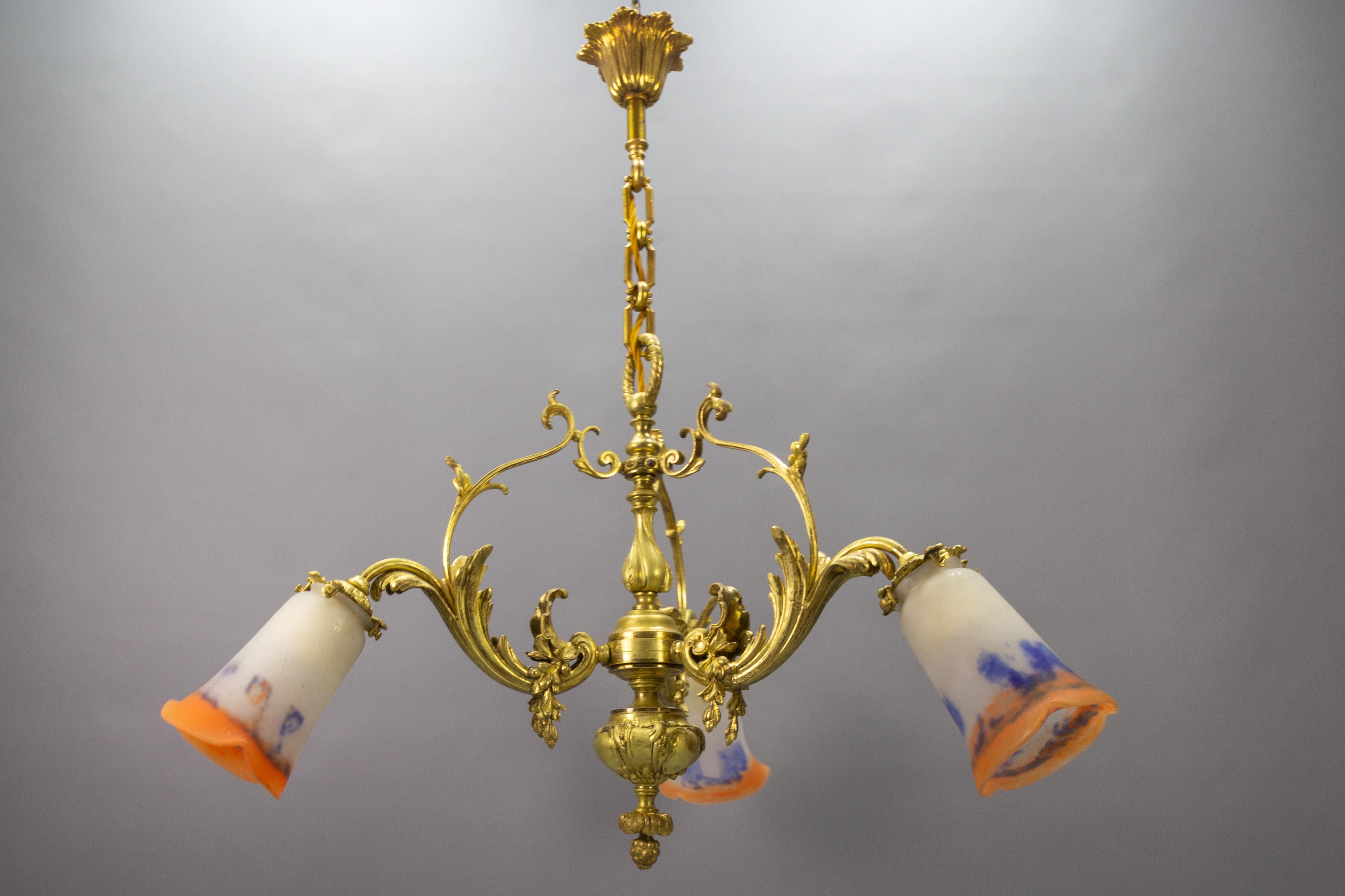 French Rococo Style Bronze and Noverdy Glass Three-Light Chandelier, ca 1920 For Sale 1