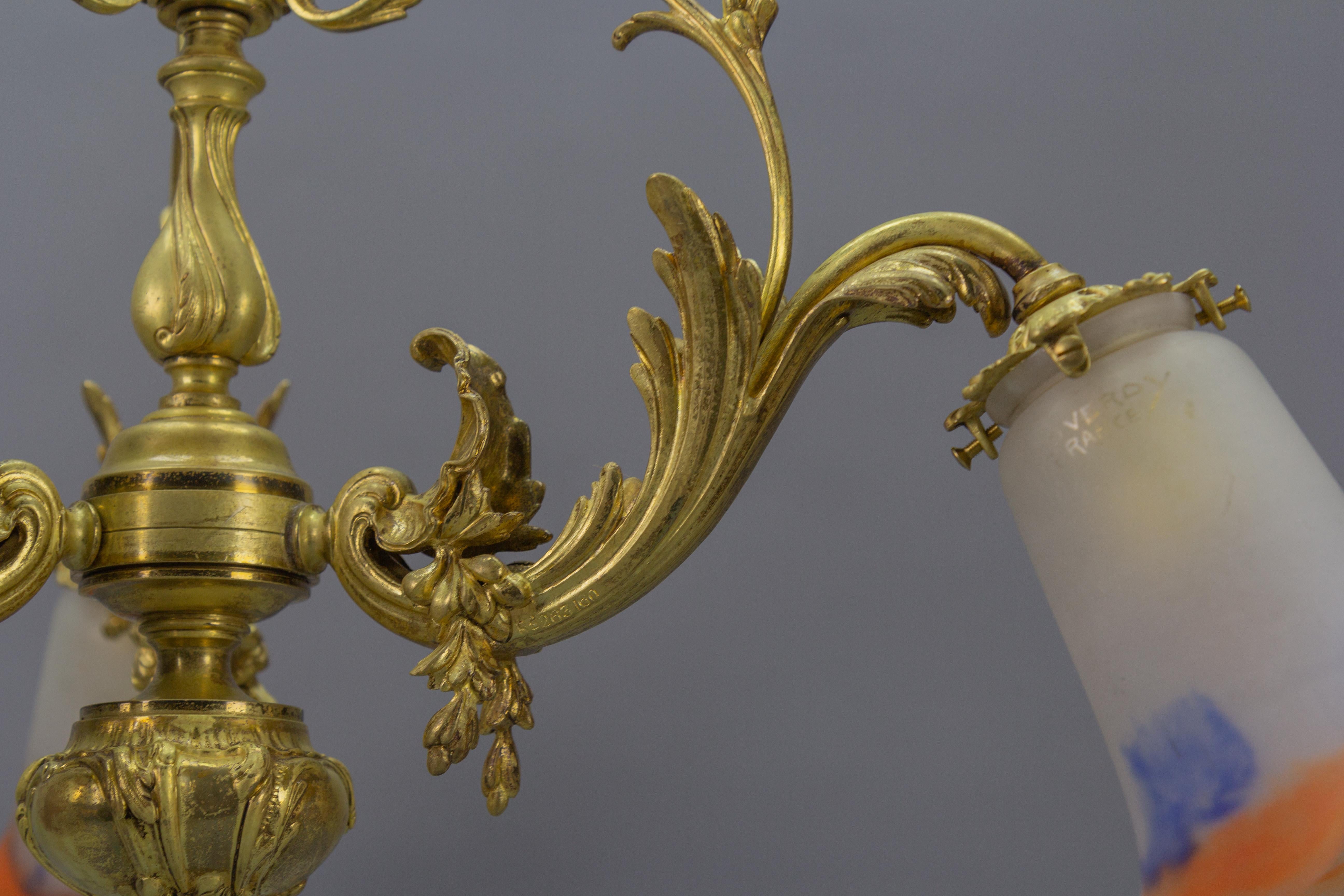 French Rococo Style Bronze and Noverdy Glass Three-Light Chandelier, ca 1920 For Sale 3