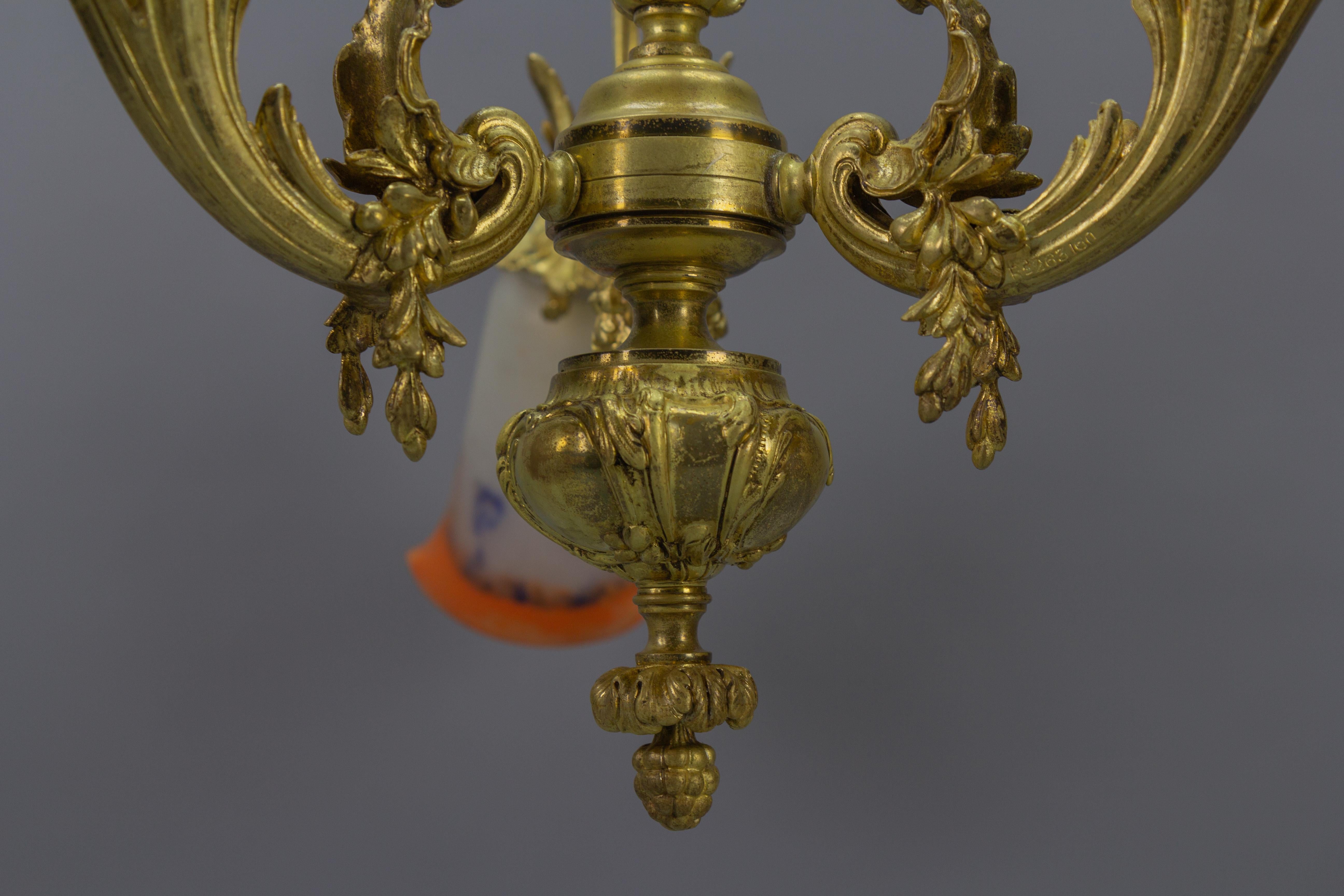 French Rococo Style Bronze and Noverdy Glass Three-Light Chandelier, ca 1920 For Sale 4