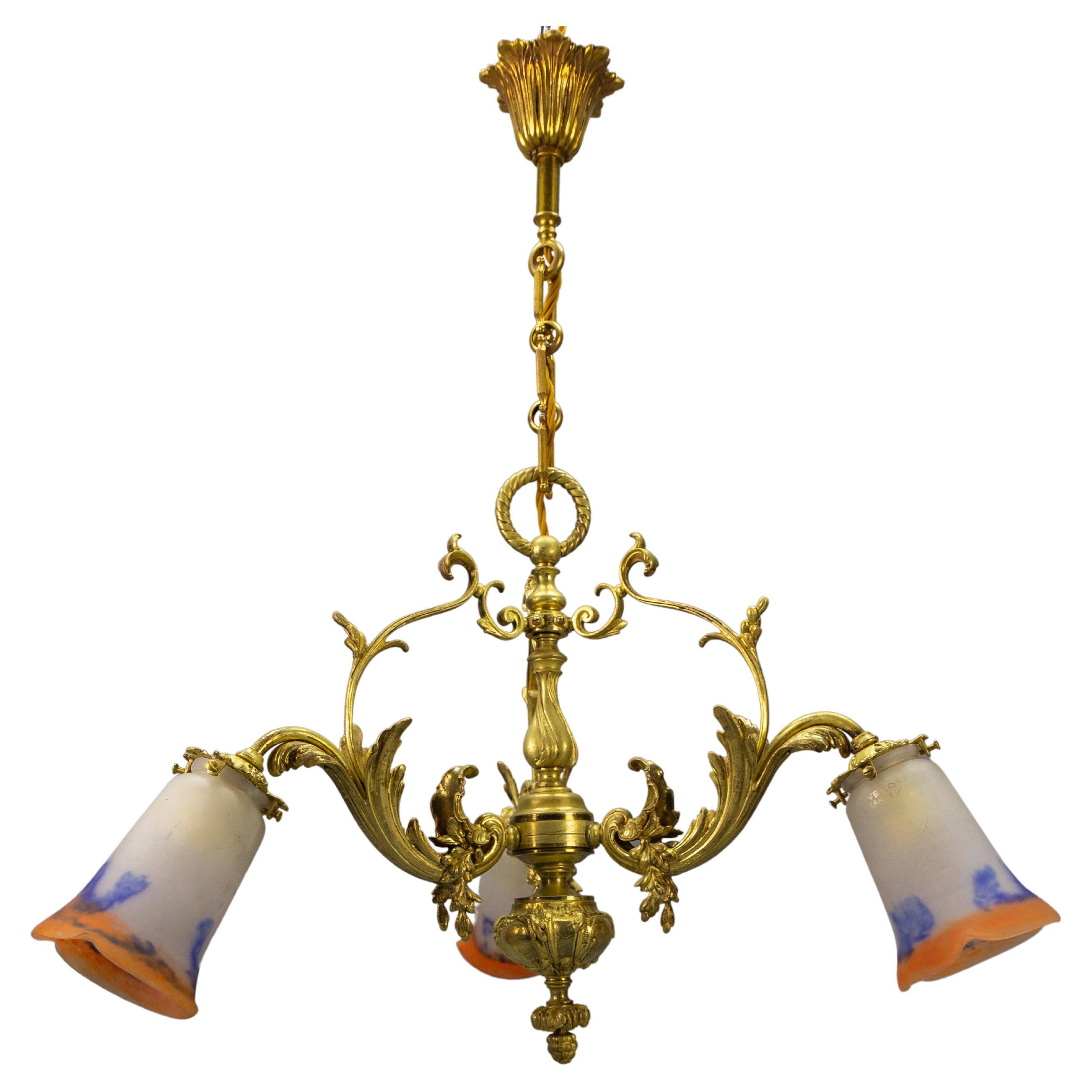 French Rococo Style Bronze and Noverdy Glass Three-Light Chandelier, ca 1920 For Sale