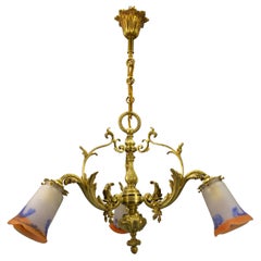 Antique French Rococo Style Bronze and Noverdy Glass Three-Light Chandelier, ca 1920