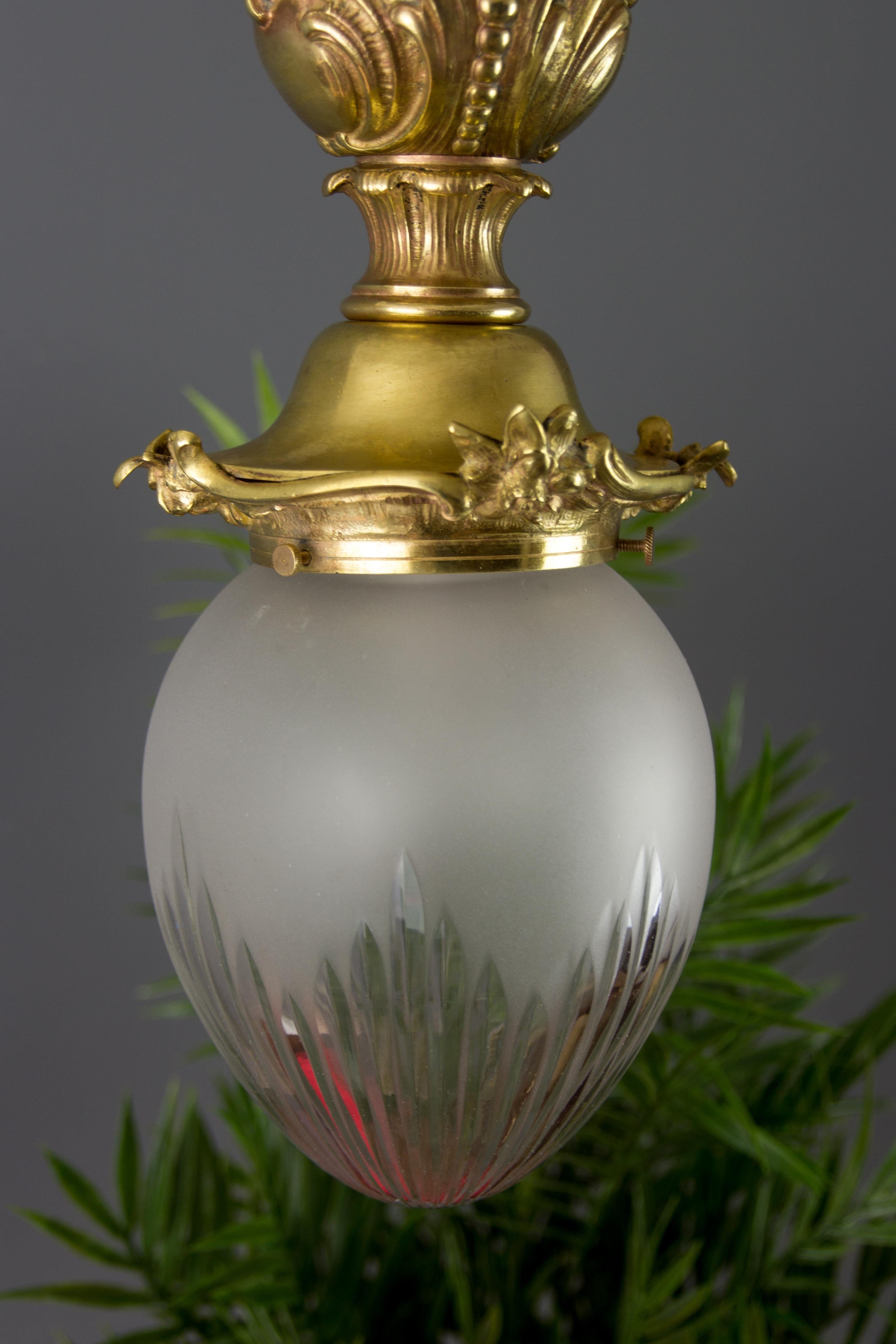 Early 20th Century French Rococo Style Bronze and White Frosted Cut Glass Ceiling Light