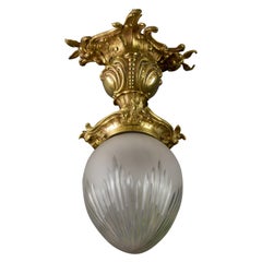 French Rococo Style Bronze and White Frosted Cut Glass Ceiling Light