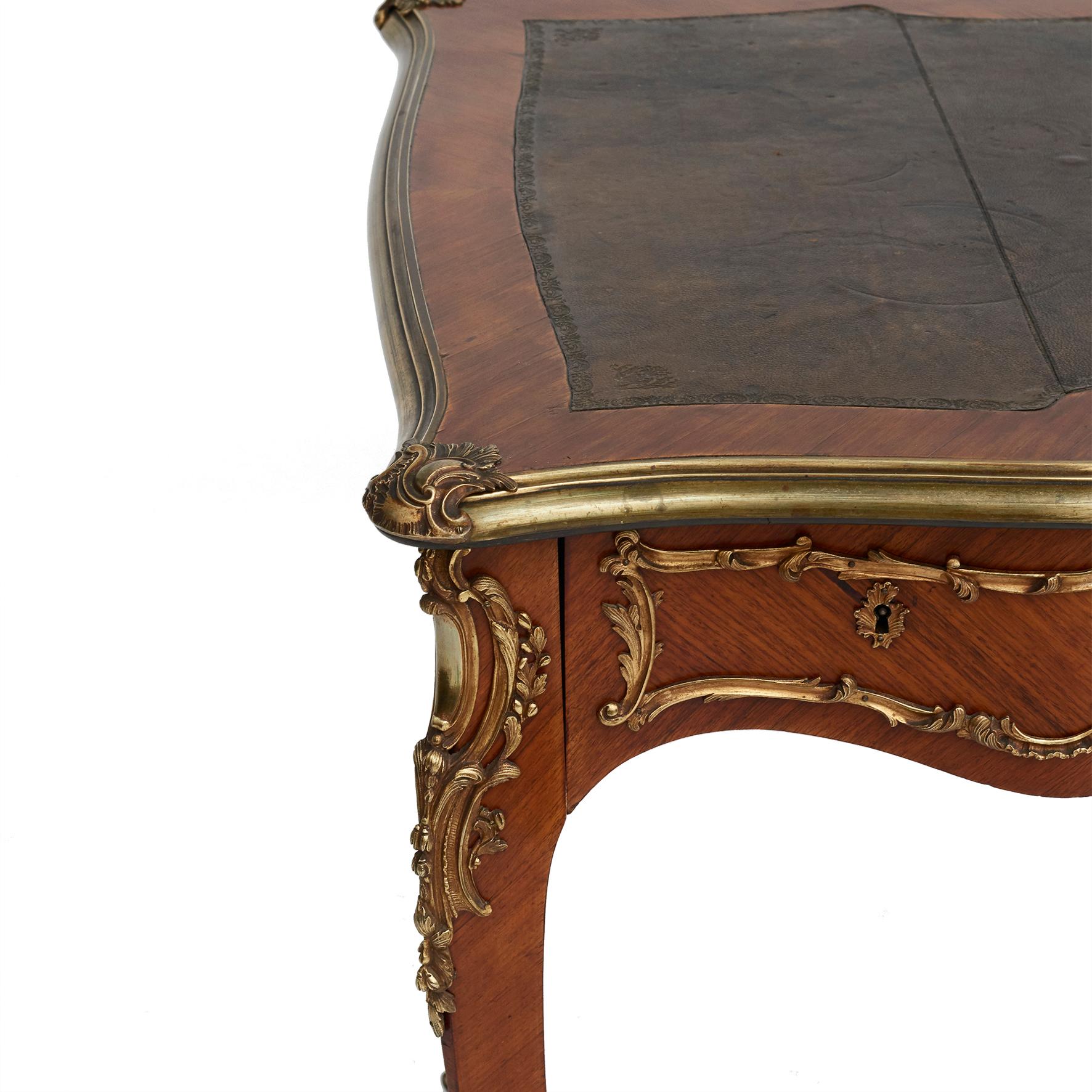 French Rococo Style Walnut & Gilt Bronze Bureau Plat For Sale 4