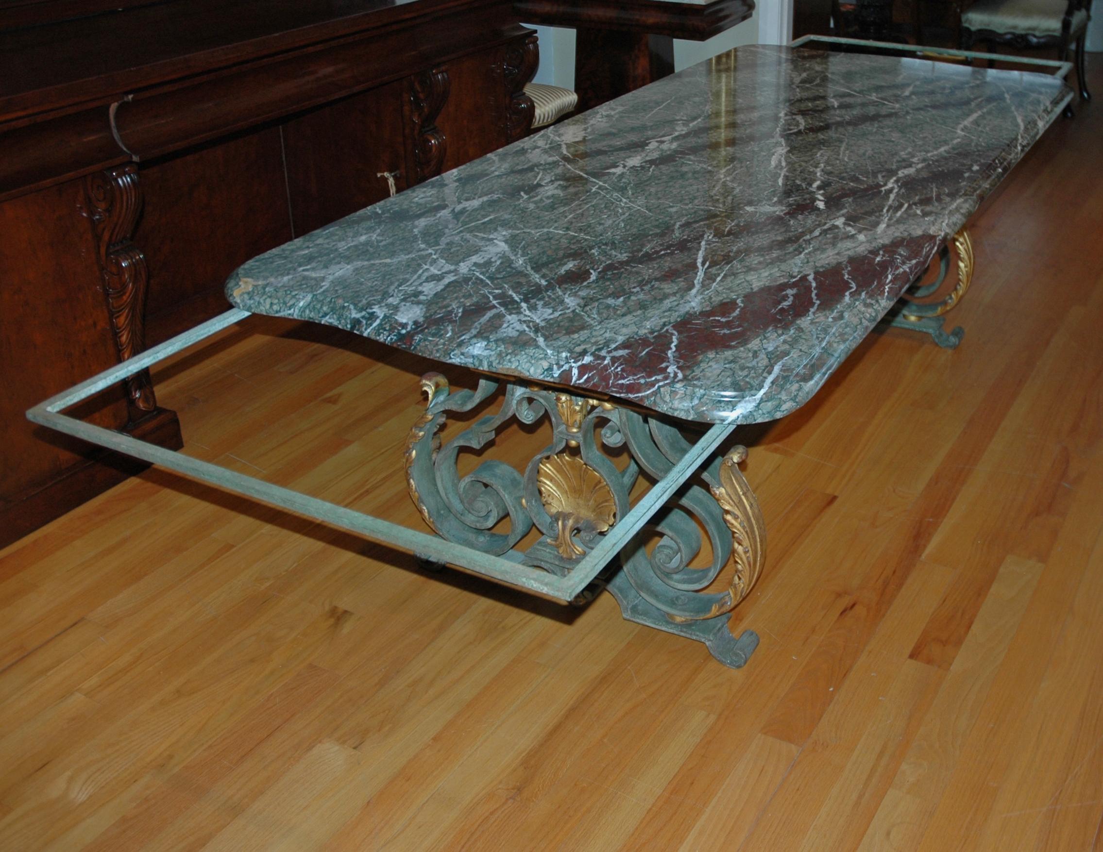 French Rococo-Style Campan Melange Marble-Top Dining Table with Forged Iron Base 9