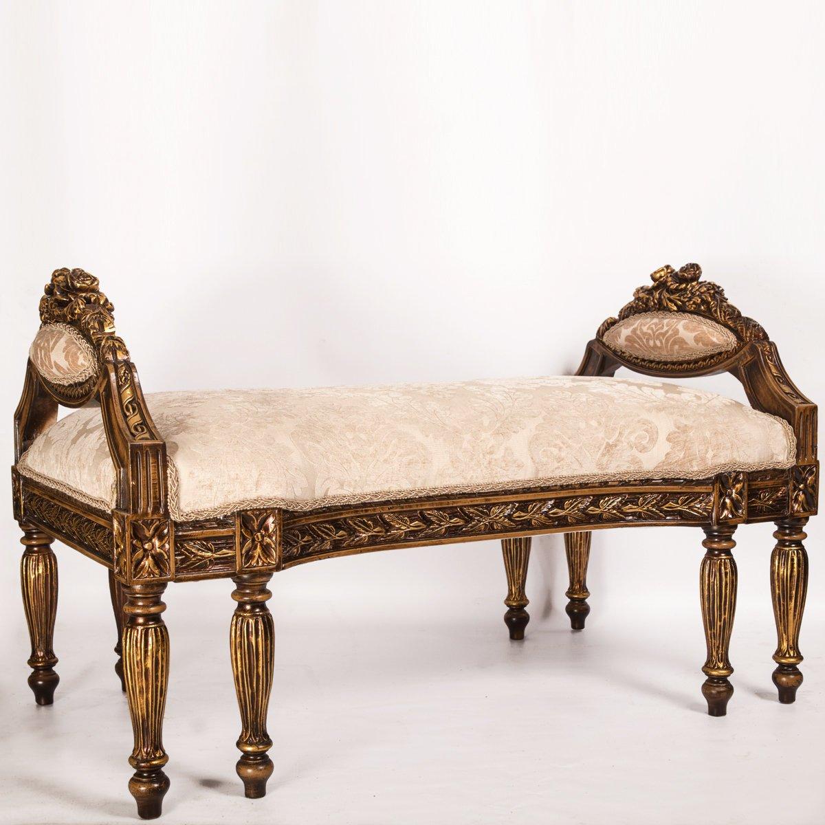 A unique French Rococo-style carved bench, 20th century.

The French Rococo-style carved bench is entirely made of gold gilded natural beechwood with antique oxides. This masterpiece was inspired by the French rococo-style which is characterized