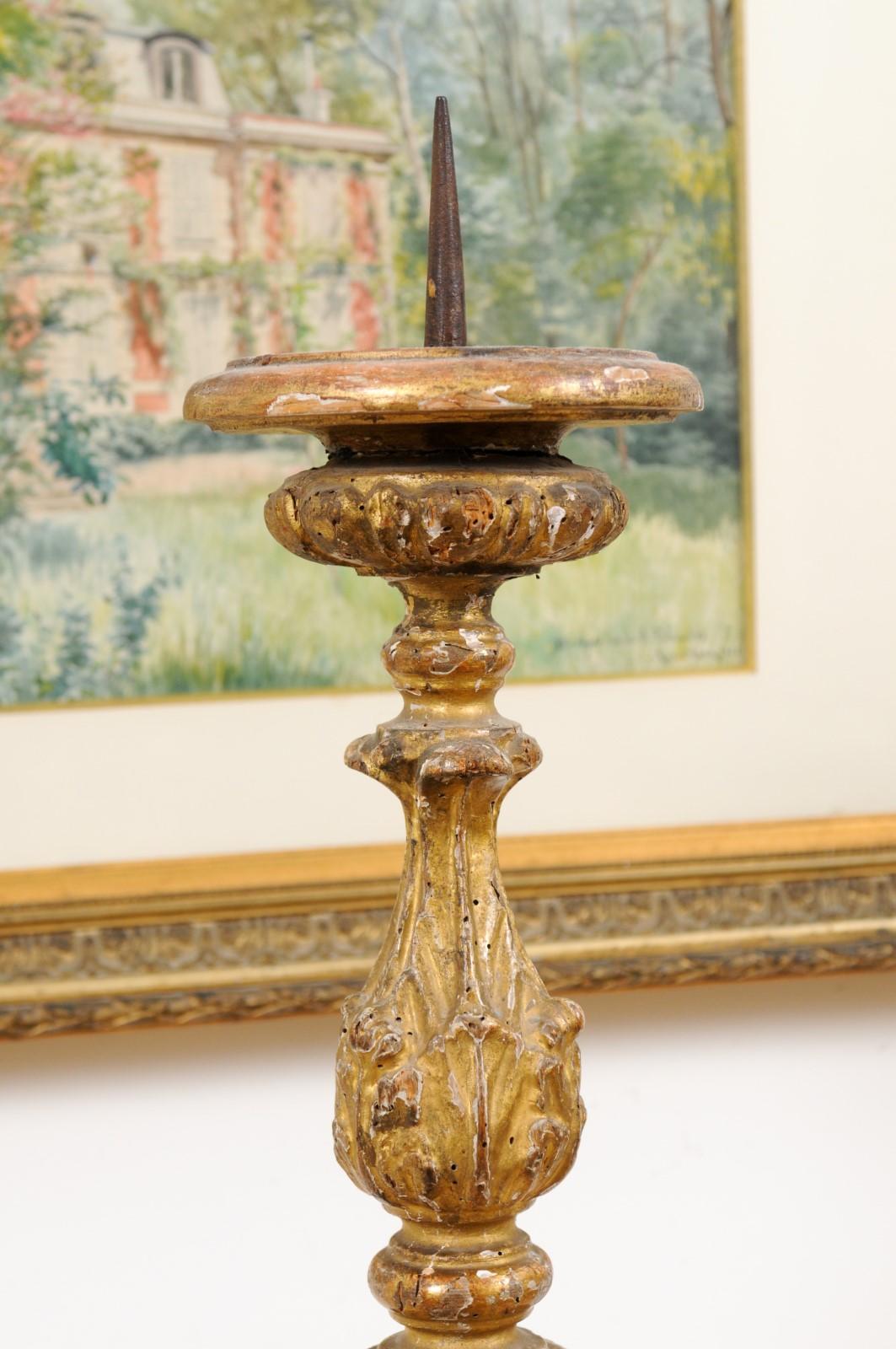 19th Century French Rococo Style Carved Giltwood Candlestick with Oval Medallion and Paw Feet