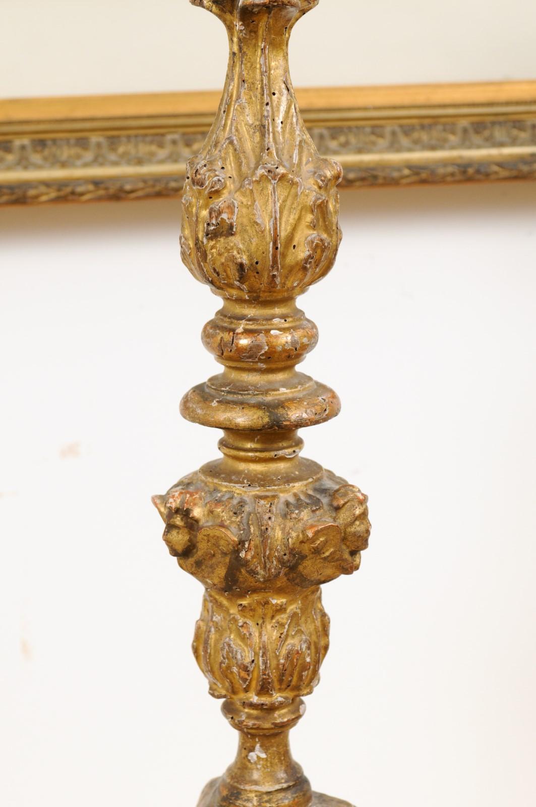 French Rococo Style Carved Giltwood Candlestick with Oval Medallion and Paw Feet 1