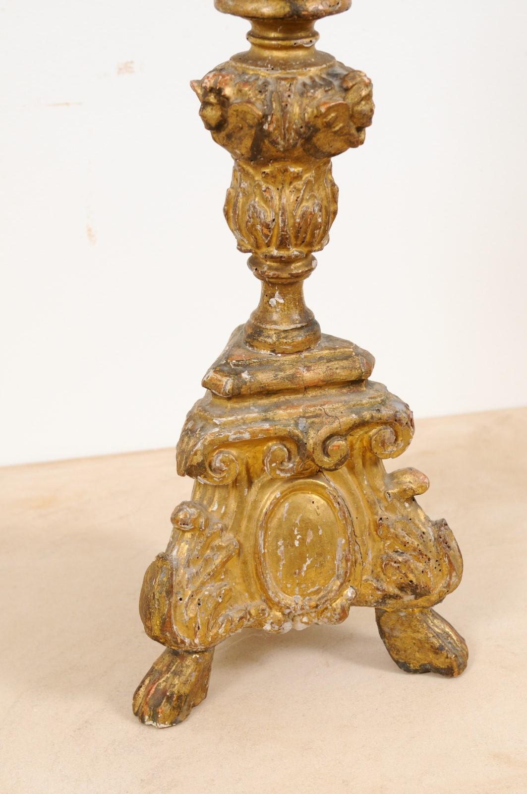 French Rococo Style Carved Giltwood Candlestick with Oval Medallion and Paw Feet 2