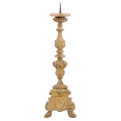 French Rococo Style Carved Giltwood Candlestick with Oval Medallion and Paw Feet