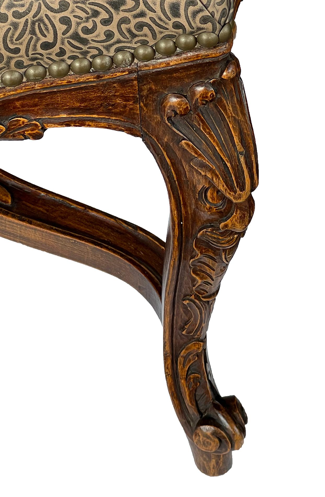 French Rococo Style Carved Two-seat Bench with Embossed Leather Upholstery In Good Condition For Sale In San Francisco, CA