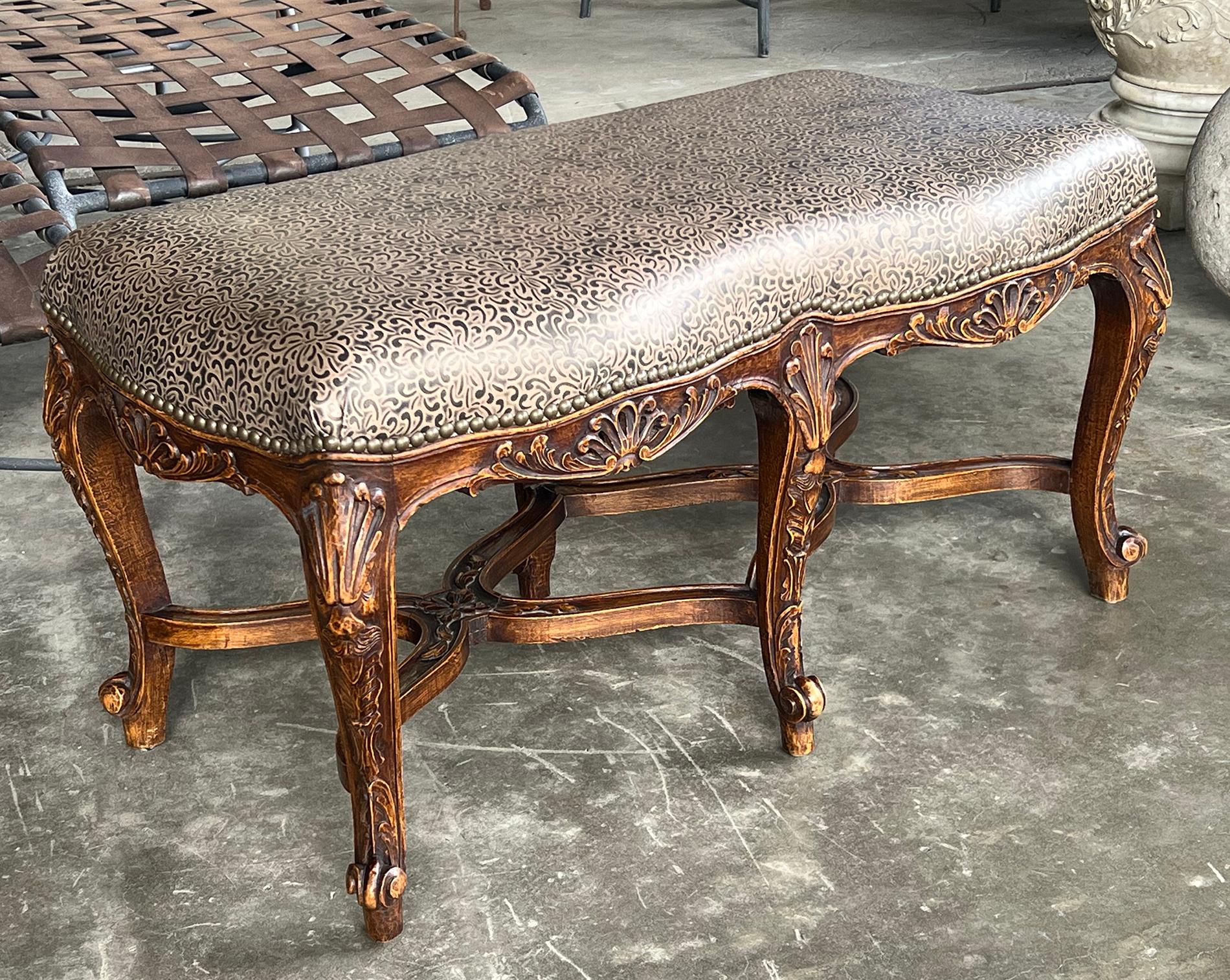 Wood French Rococo Style Carved Two-seat Bench with Embossed Leather Upholstery For Sale